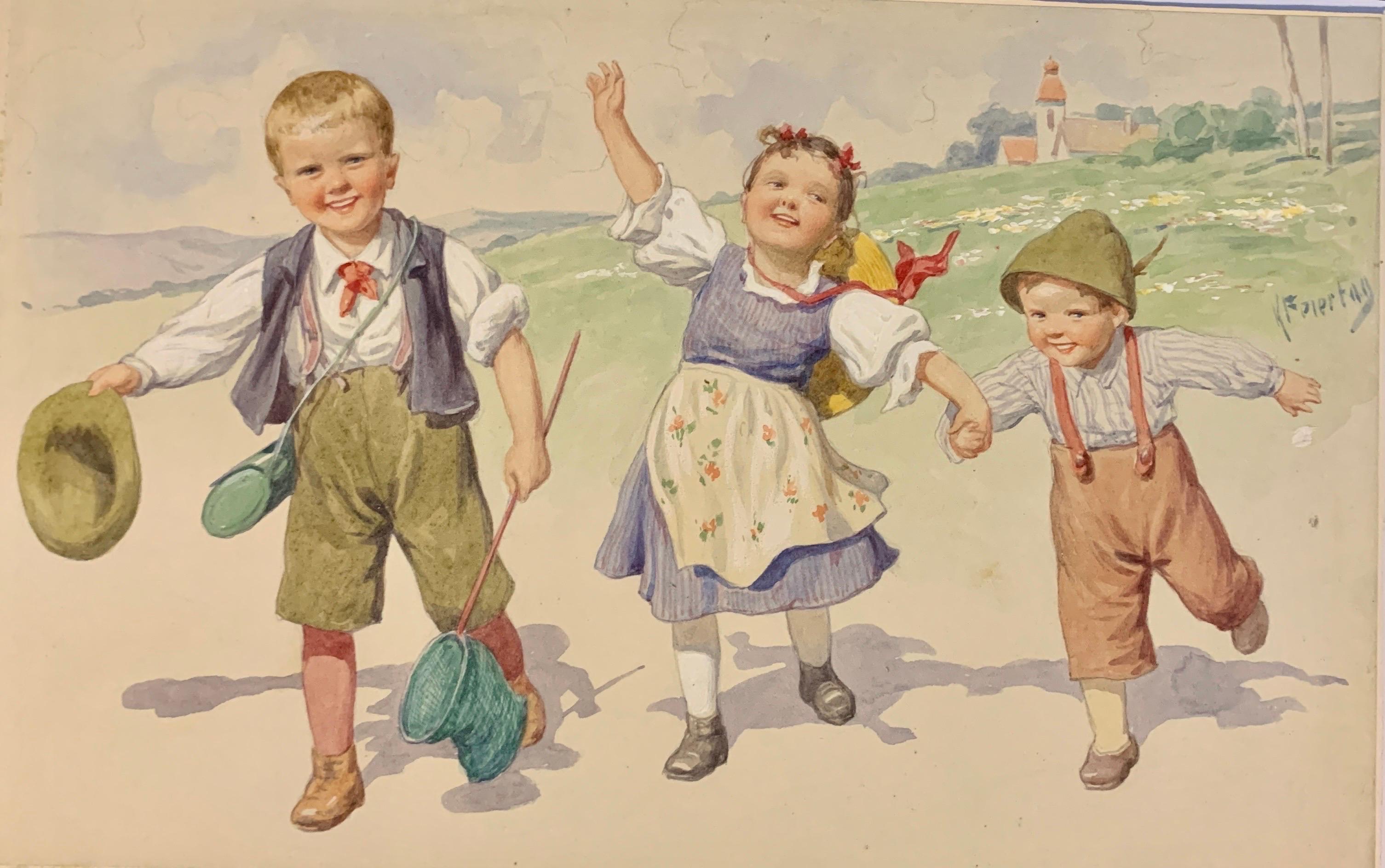 Österreichisch-deutsche Kinder des frühen 20. Jahrhunderts, die gemeinsam in einer Landschaft spielen  – Art von Karl Feiertag