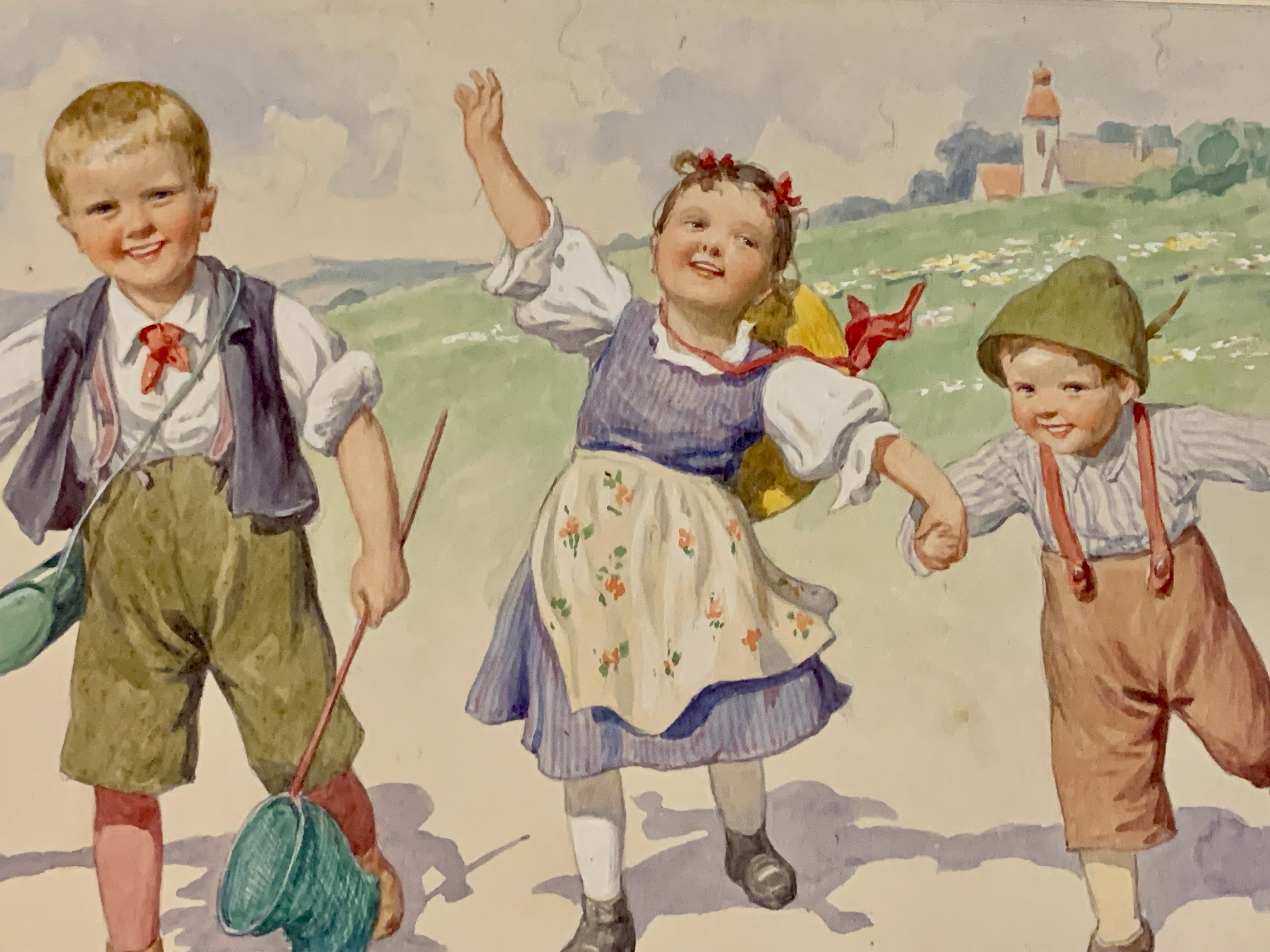 Österreichisch-deutsche Kinder des frühen 20. Jahrhunderts, die gemeinsam in einer Landschaft spielen  (Beige), Figurative Art, von Karl Feiertag