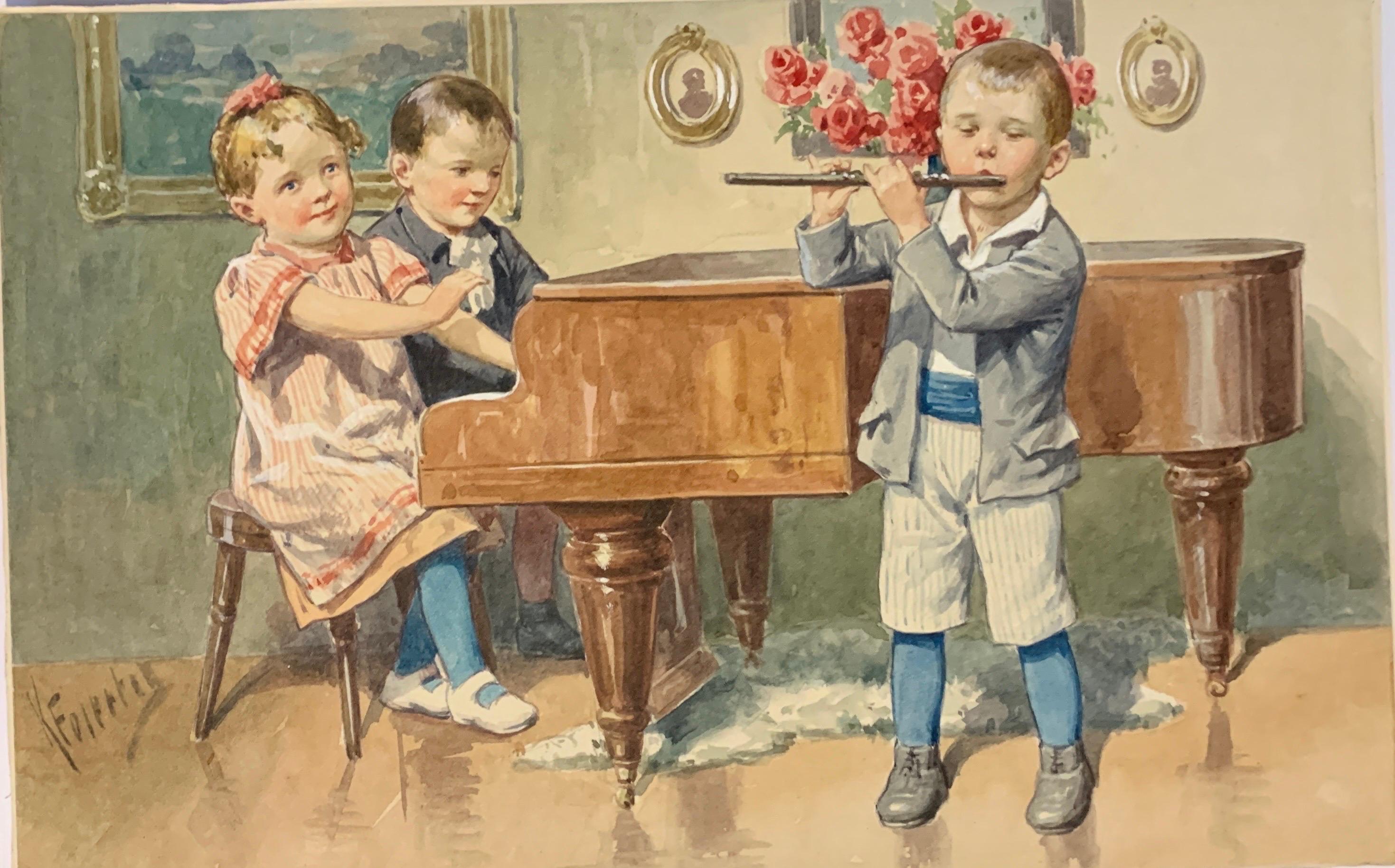 Karl Feiertag Figurative Art - Early 20th century German or Austrian children playing a piano and flute