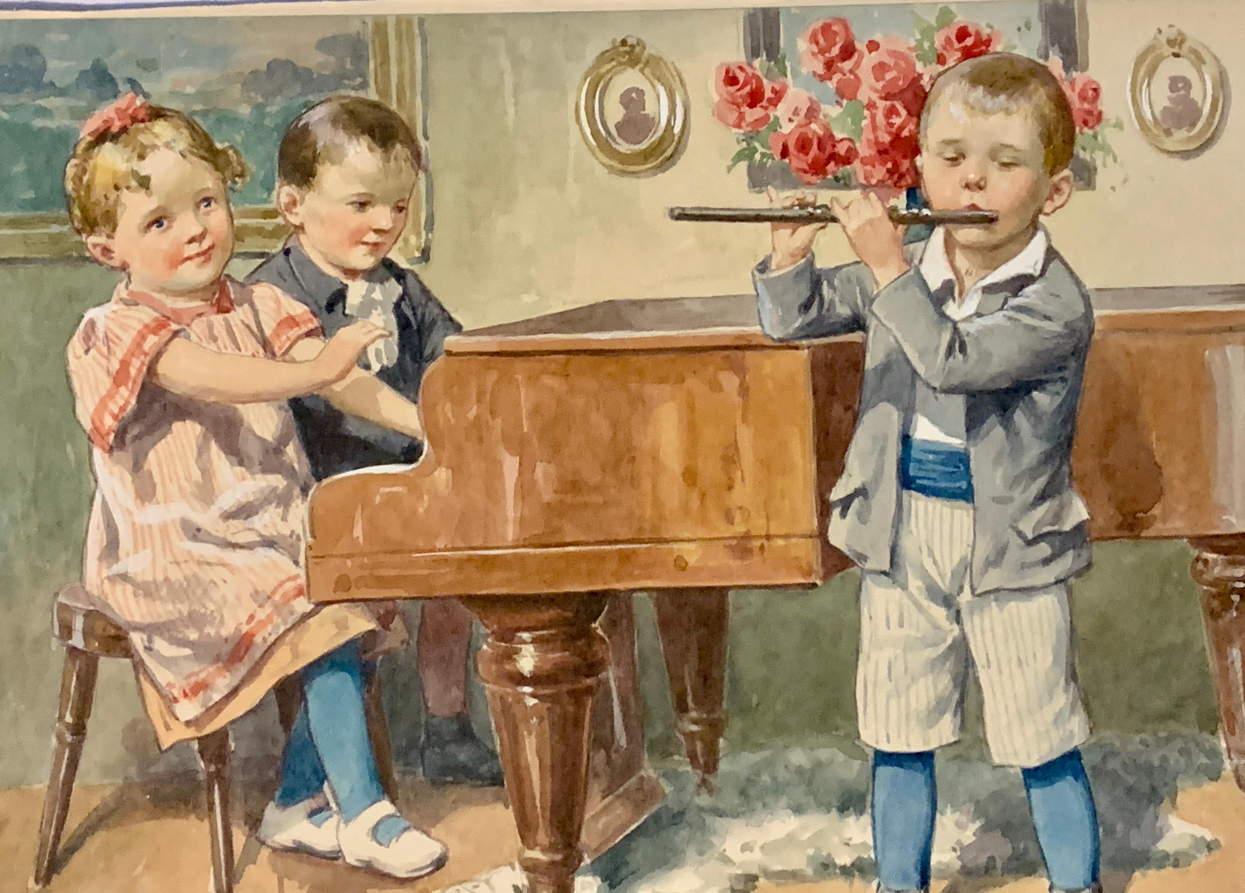 Early 20th century German or Austrian children playing a piano and flute - Art by Karl Feiertag