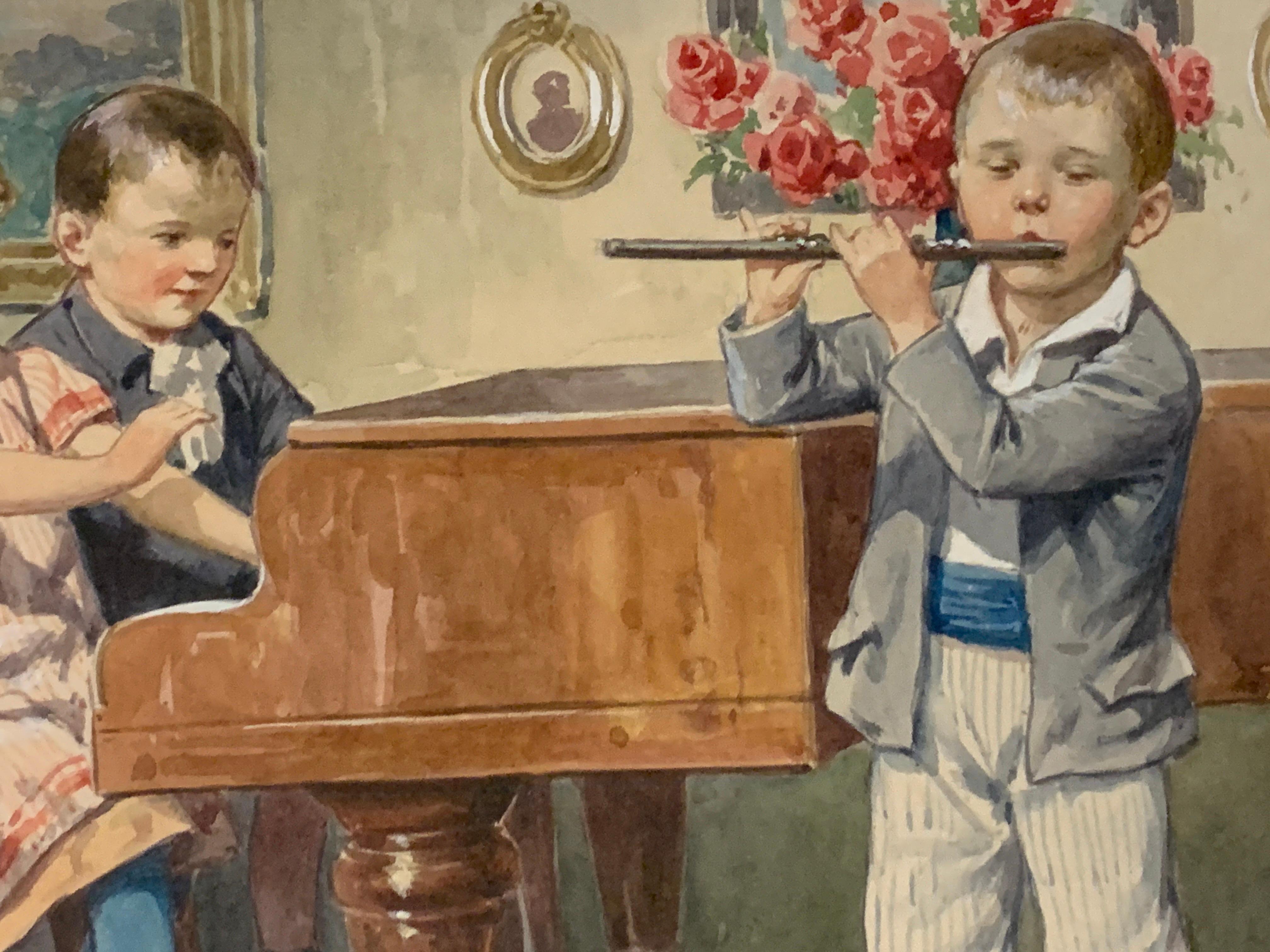 Early 20th century German or Austrian children playing a piano and flute - Victorian Art by Karl Feiertag