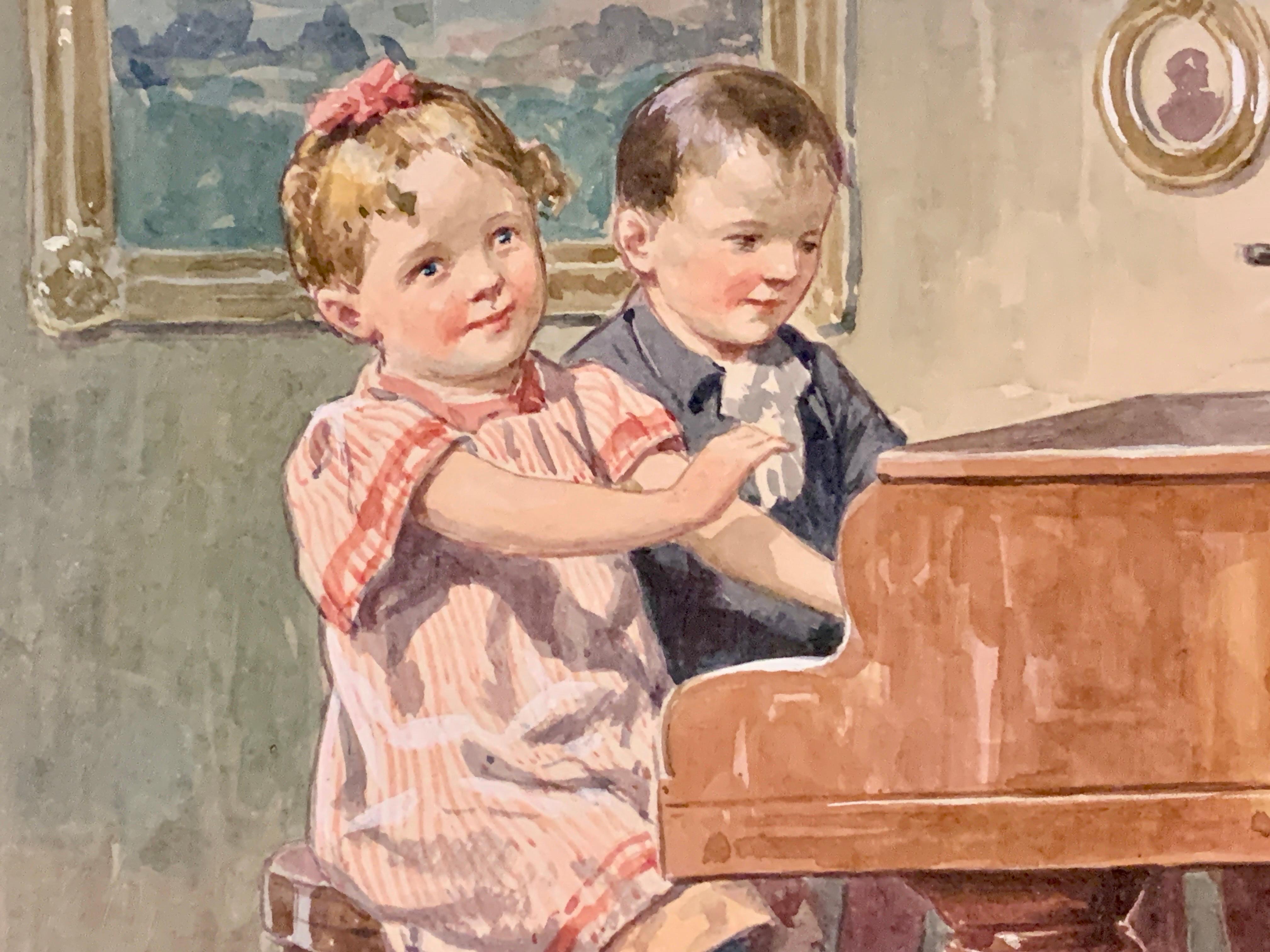 Niños alemanes o austriacos de principios del siglo XX tocando el piano y la flauta - Figurative Art Marrón de Karl Feiertag