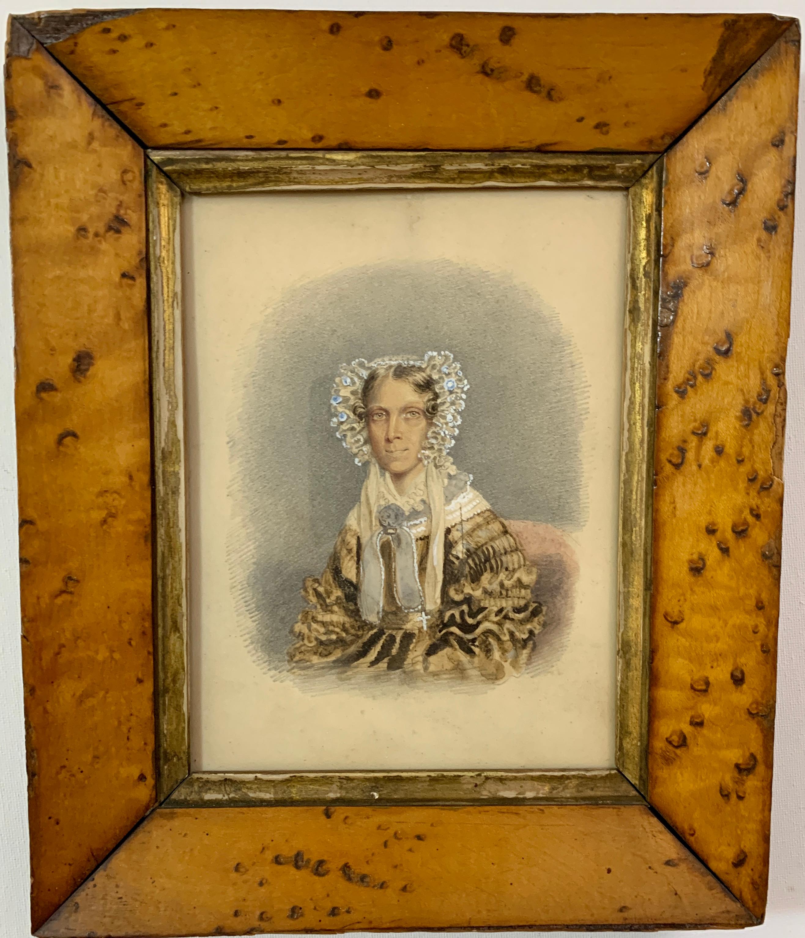 A pair pf 19th century English School watercolor portraits of a man and woman, possibly husband and wife. 

Both are inscribed on the reverse with Im sure some history of the sitters or their family.

Both are framed in their original hand made