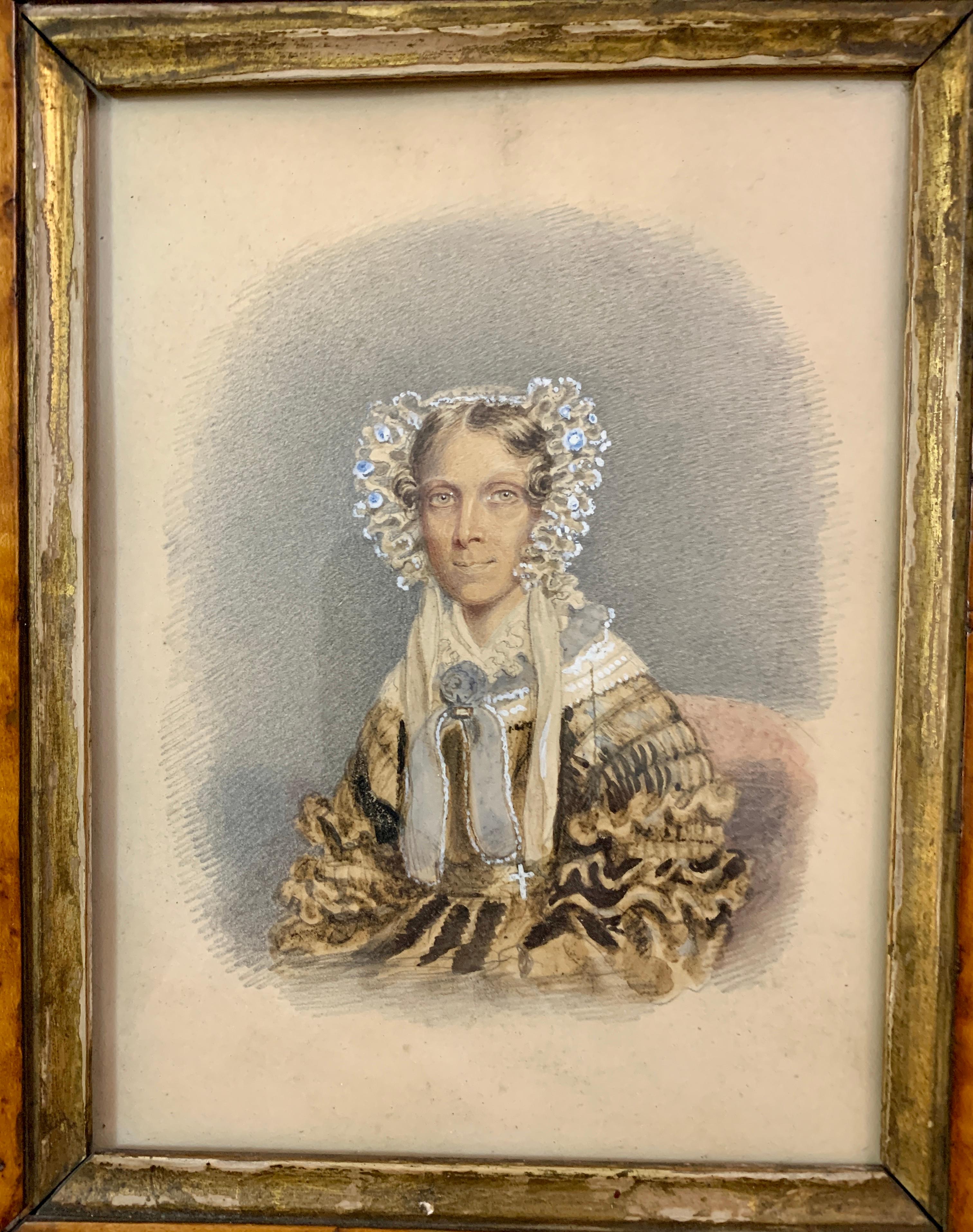 Pair of 19th century English Antique watercolor portraits of a man and woman,  For Sale 1