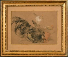 Pair of 19th century English chalk drawing on paper of Cockerel 