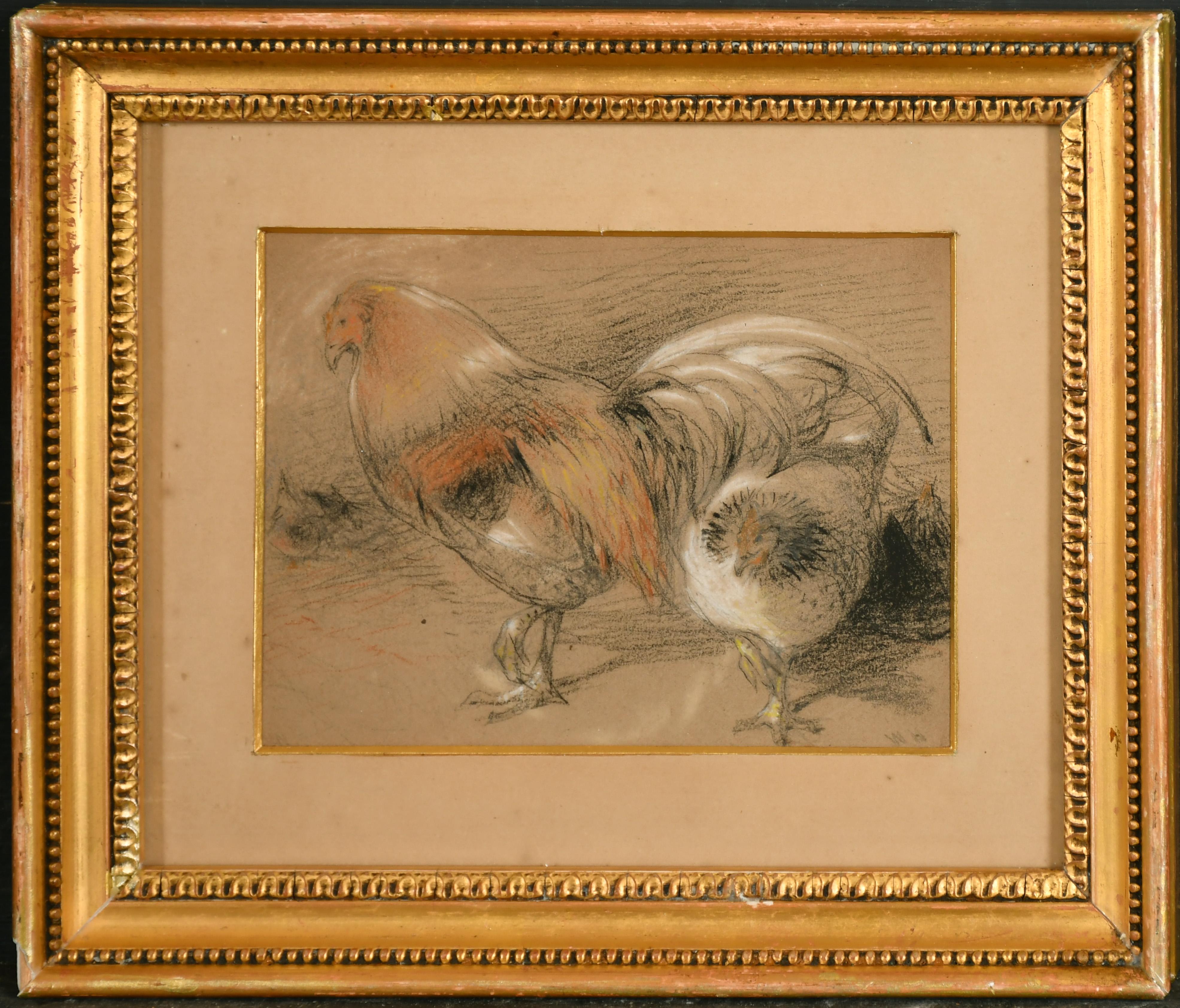 Pair of 19th century English chalk drawing on paper of Cockerel  - Art by William Huggins