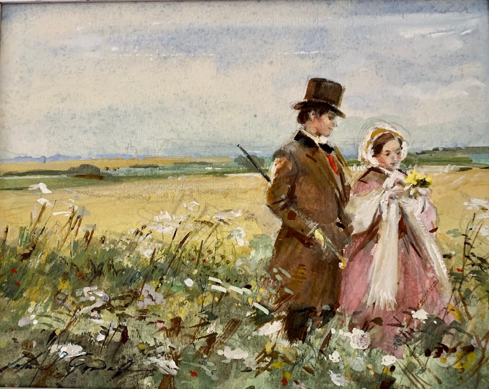 Courtship,  British Couple walking in a landscape in Edwardian dress - Art by John Strickland Goodall