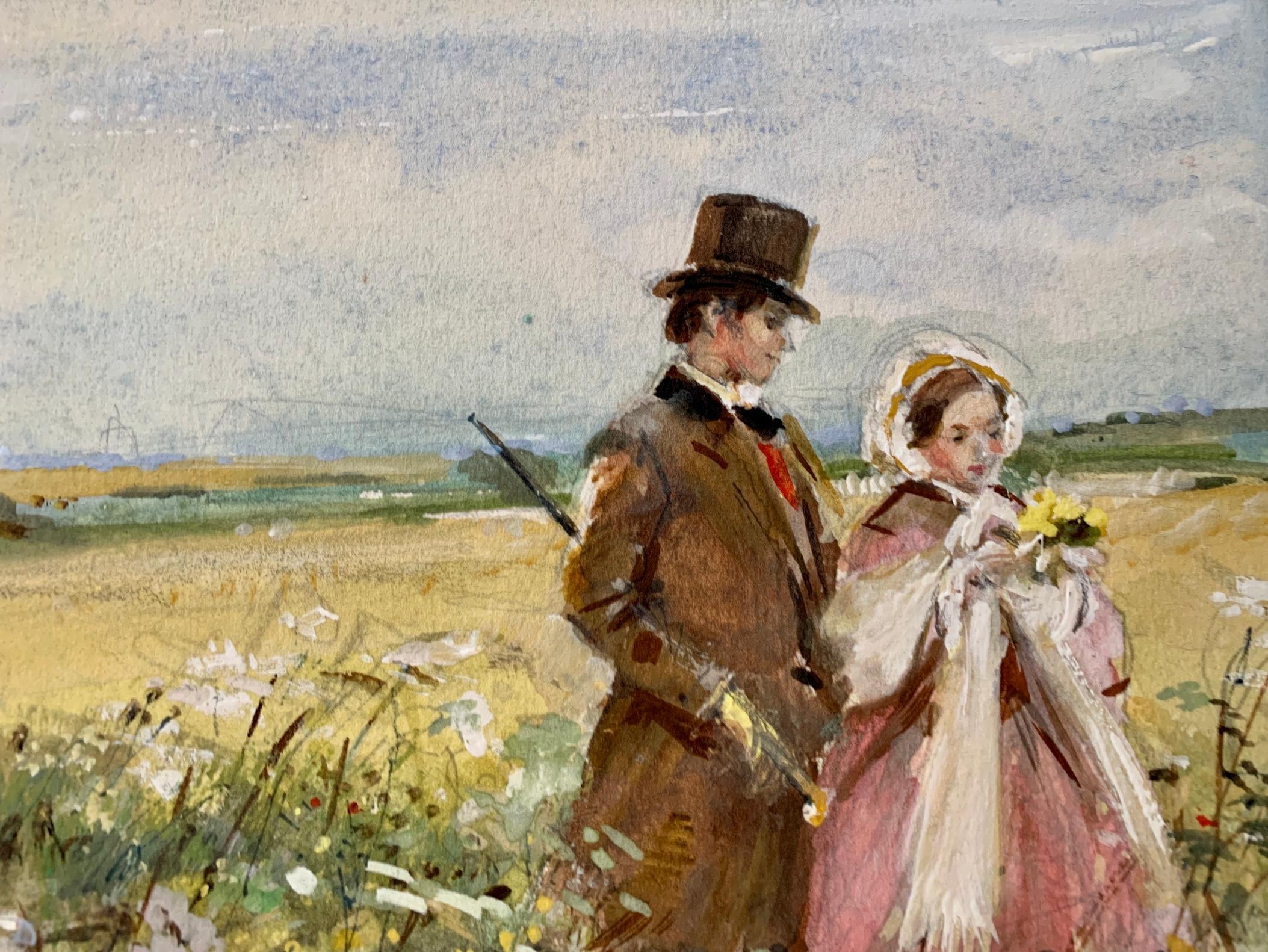 Courtship,  British Couple walking in a landscape in Edwardian dress - Victorian Art by John Strickland Goodall