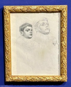 Antique 20th century English pencil sketch study of a young boys head