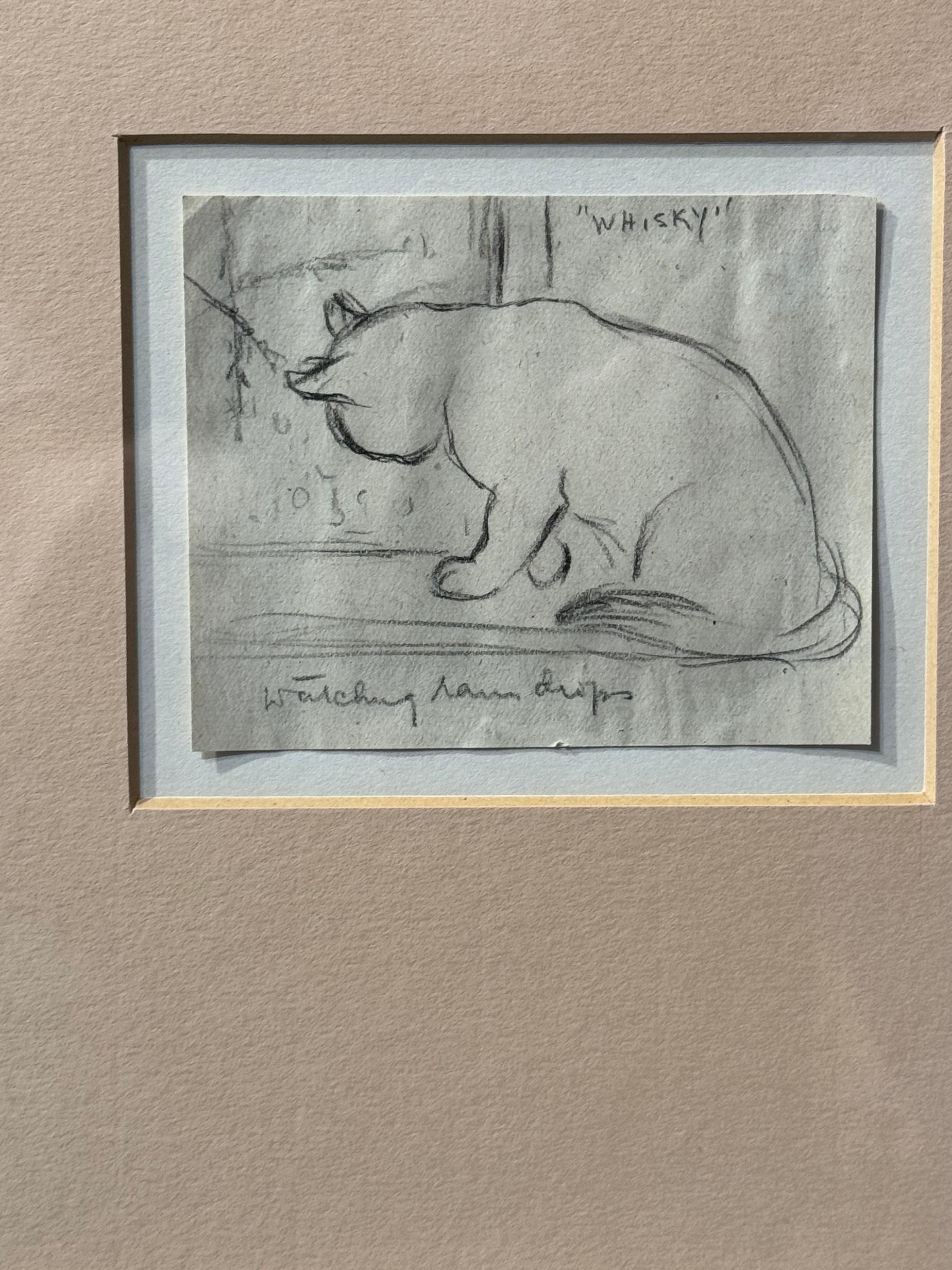 English mod British Estudio a lápiz de un gato junto a una ventana mirando las gotas de lluvia - Art de Lucy Dawson