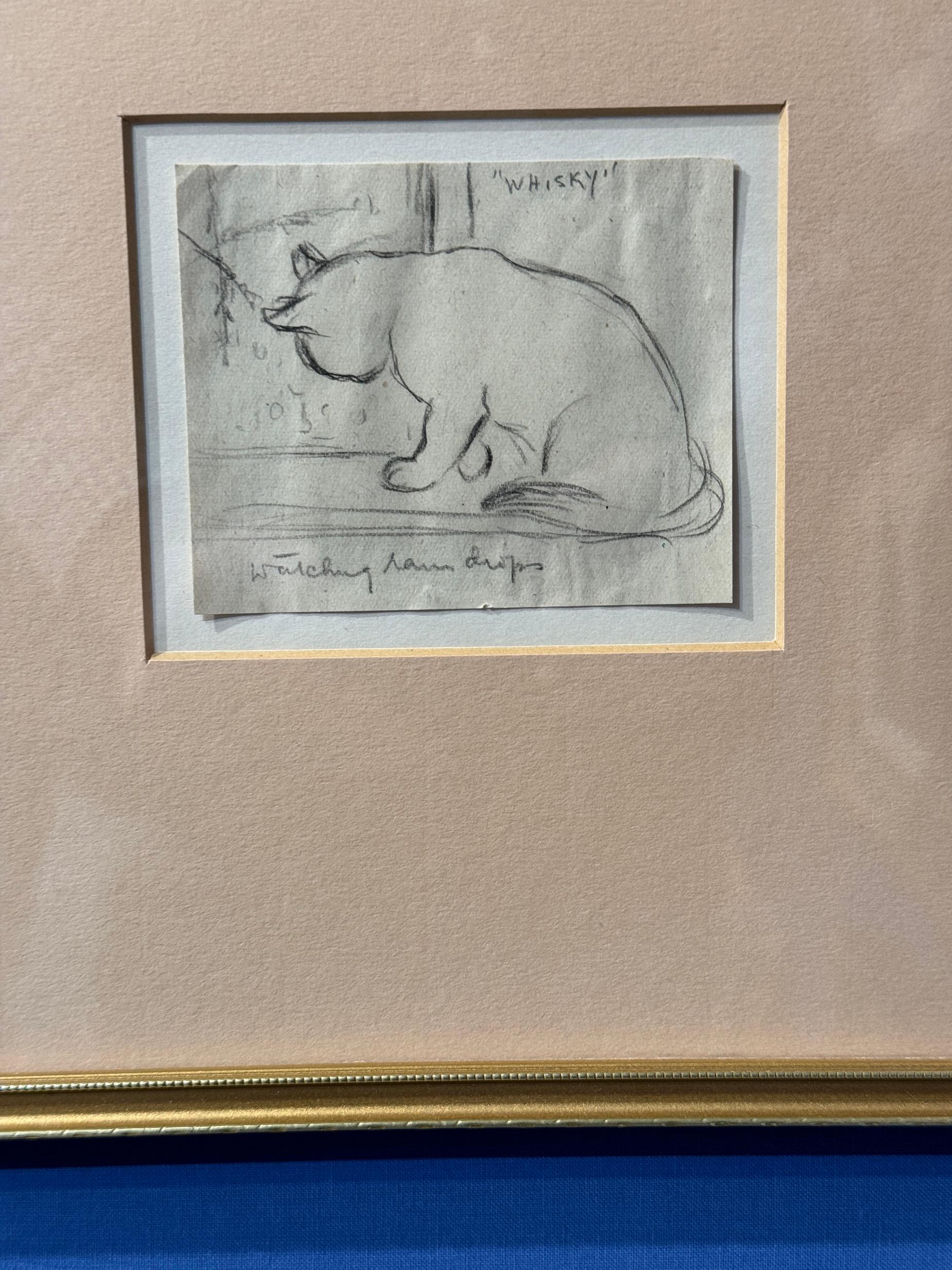 English mod British Estudio a lápiz de un gato junto a una ventana mirando las gotas de lluvia en venta 2