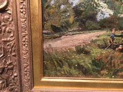 English Impressionist landscape with cows drinking at a pond