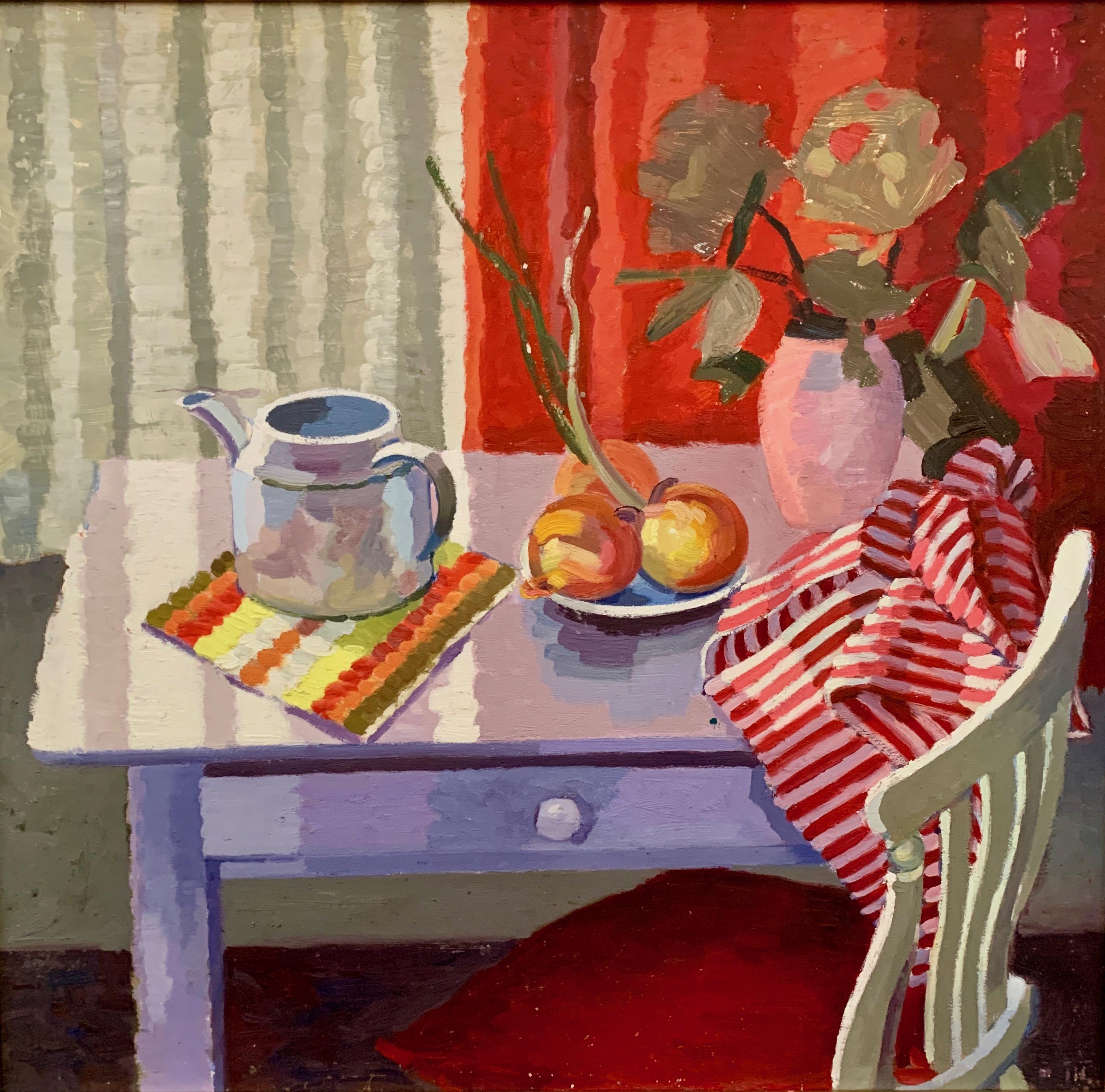 English Interior Still-life of Teapot, table and chair, fruit and flowers 1950s - Painting by Jack Griffin