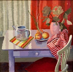 English Interior Still-life of Teapot, table and chair, fruit and flowers 1950s