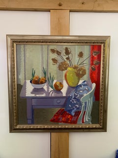 English Interior Still-life of table and chair, onions and flowers 1950s