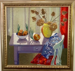 English Interior Still-life of table and chair, onions and flowers 1950s