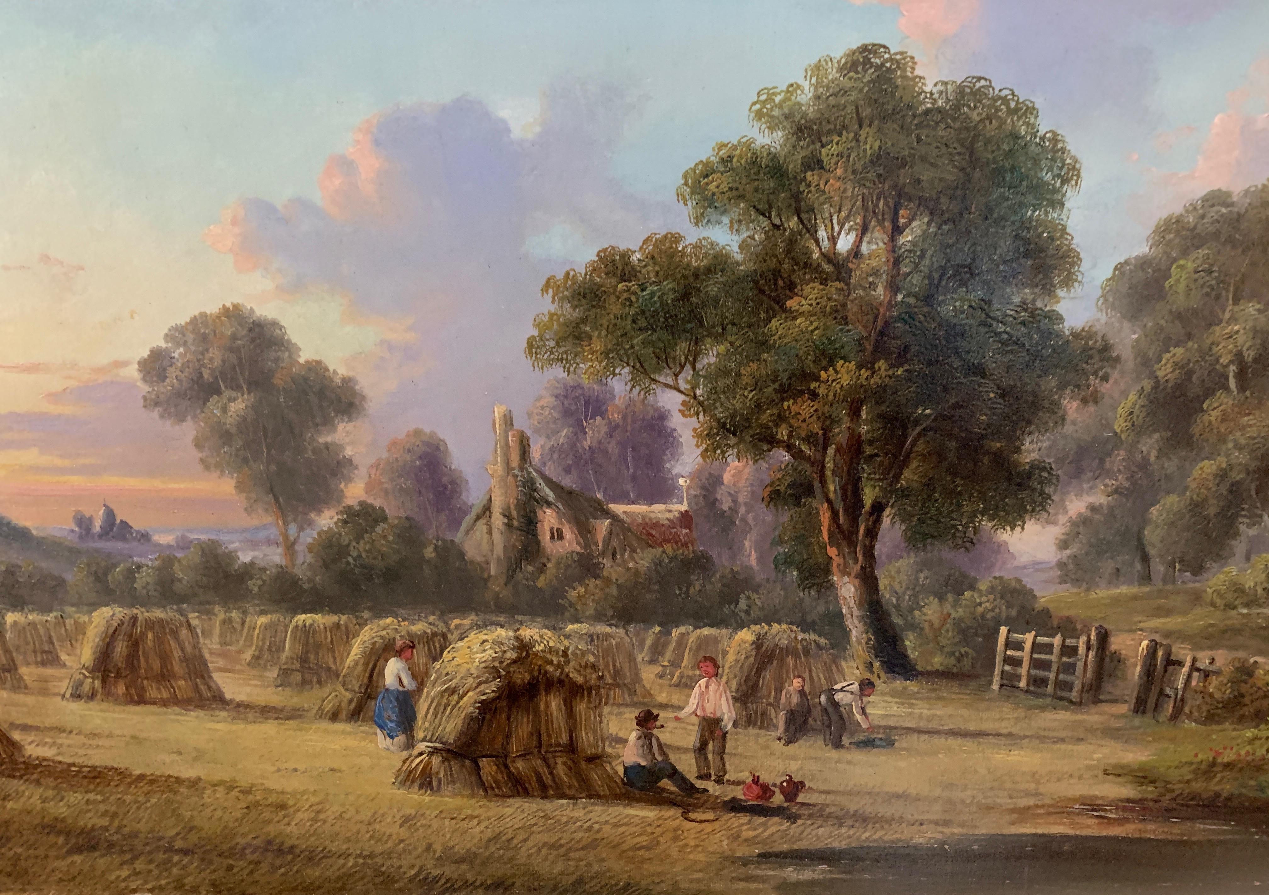 Paysage de moisson d'été victorien anglais ancien du 19e siècle, avec des personnages. - Painting de John Mundell