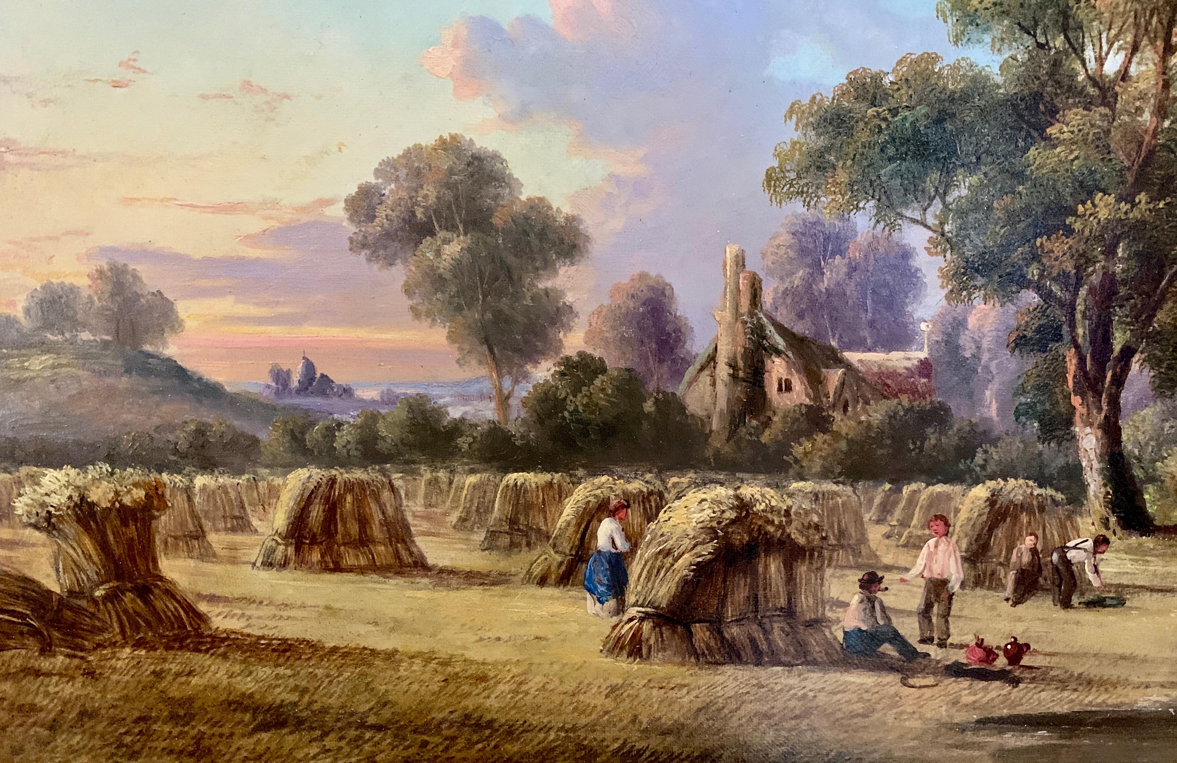 Paysage de moisson d'été victorien anglais ancien du 19e siècle, avec des personnages. - Marron Landscape Painting par John Mundell
