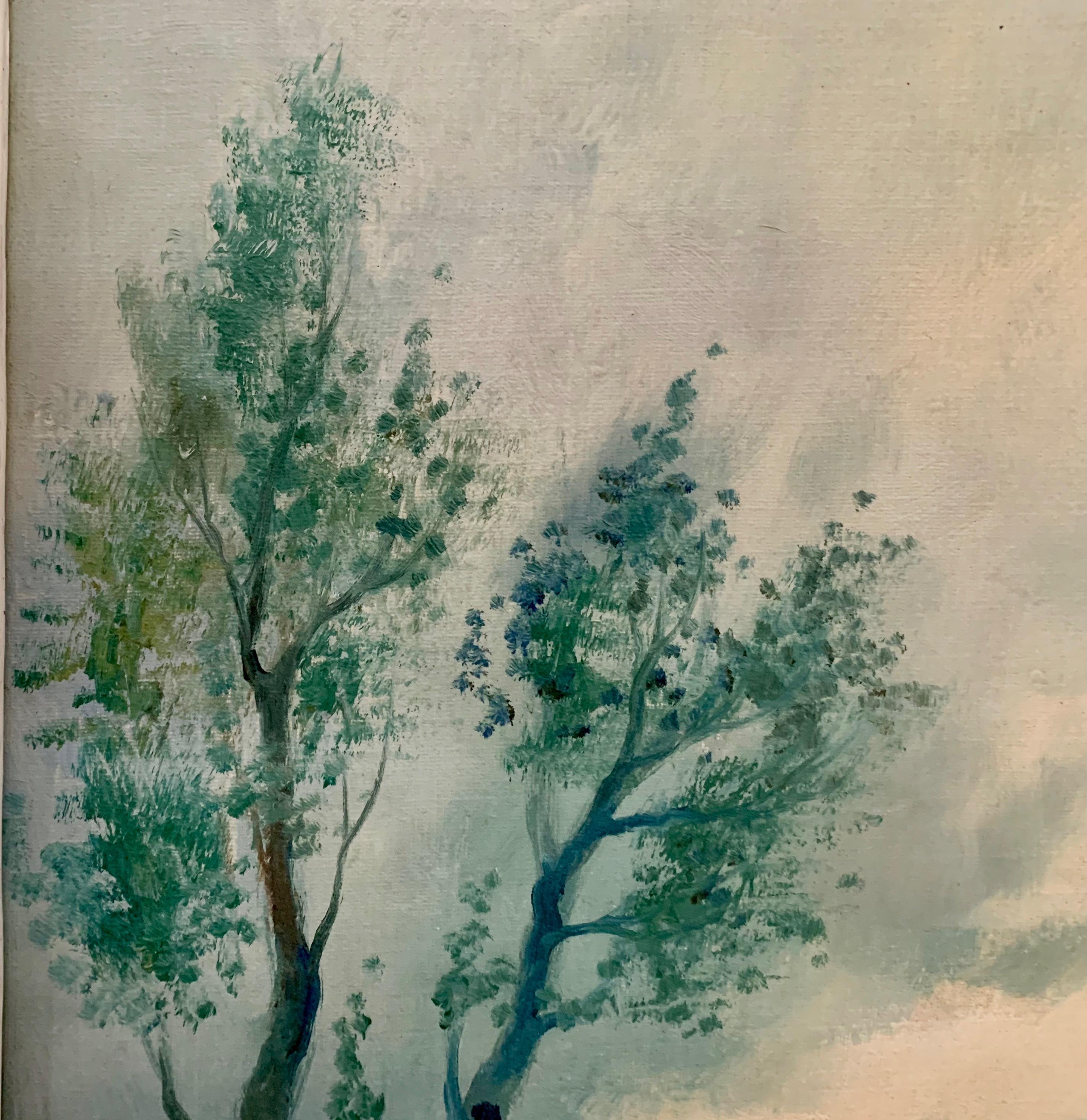 Paesaggio fluviale olandese impressionista dei primi del Novecento, olio su tela - Figurative Painting Beige di Abraham Herbe