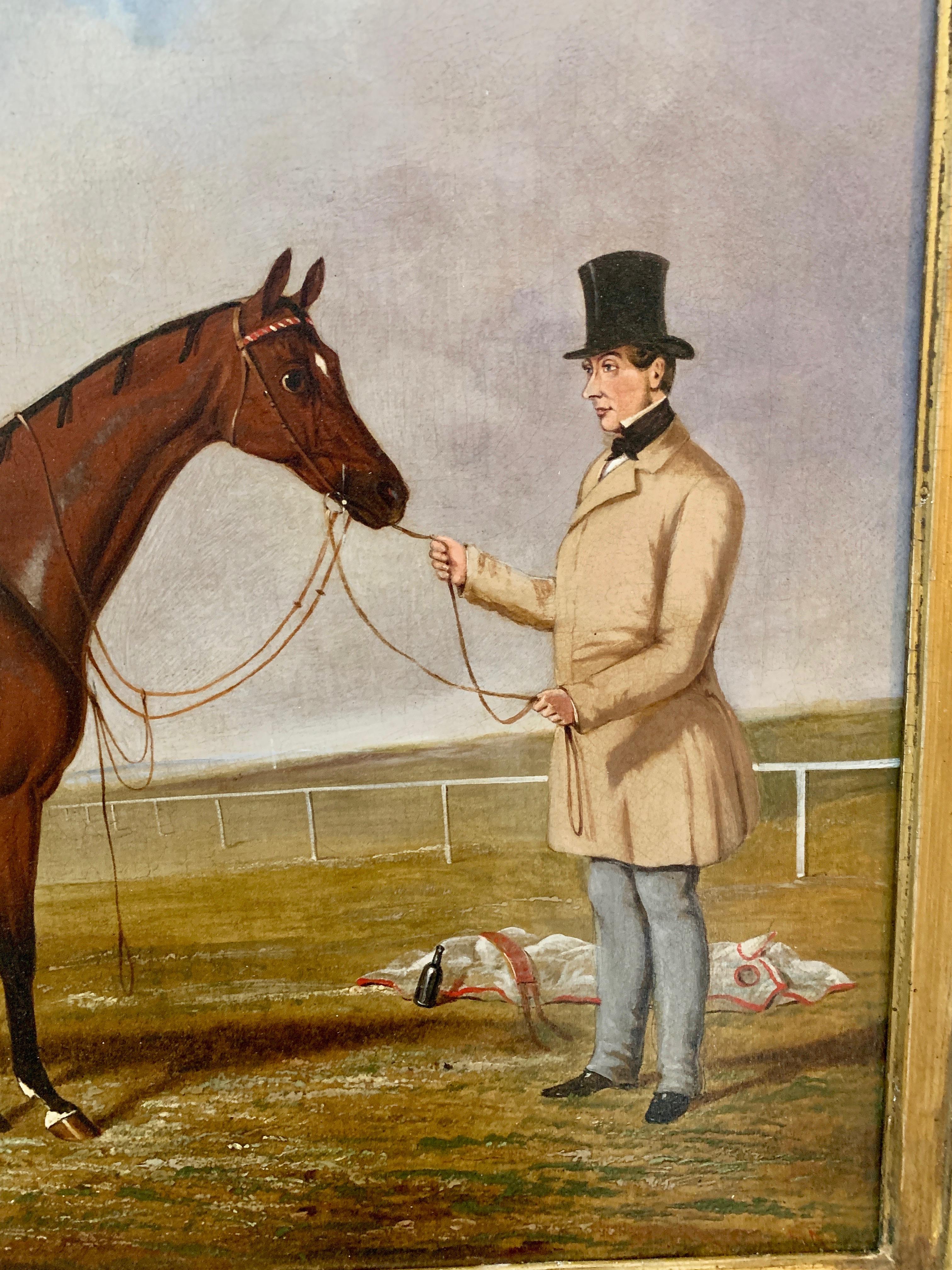 Victorian 19th Century English Race Horse and Owner by a Race Track - Painting by Thomas R Hart