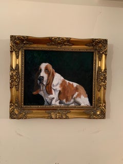 Oil painting of an English Bassett Hound dog portrait in an interior.