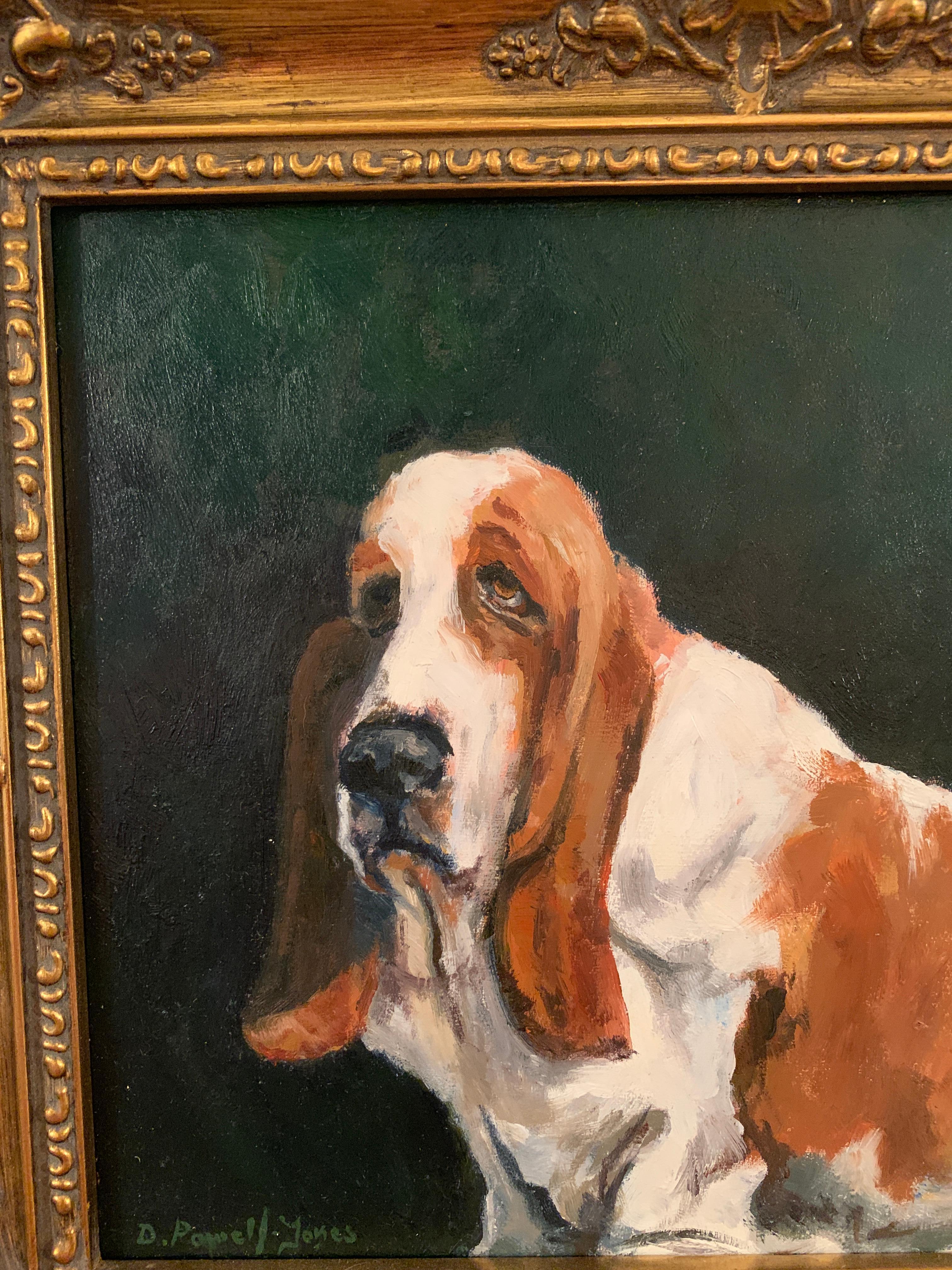 Oil painting of an English Bassett Hound dog portrait in an interior. - Painting by Derek Powell-Jones