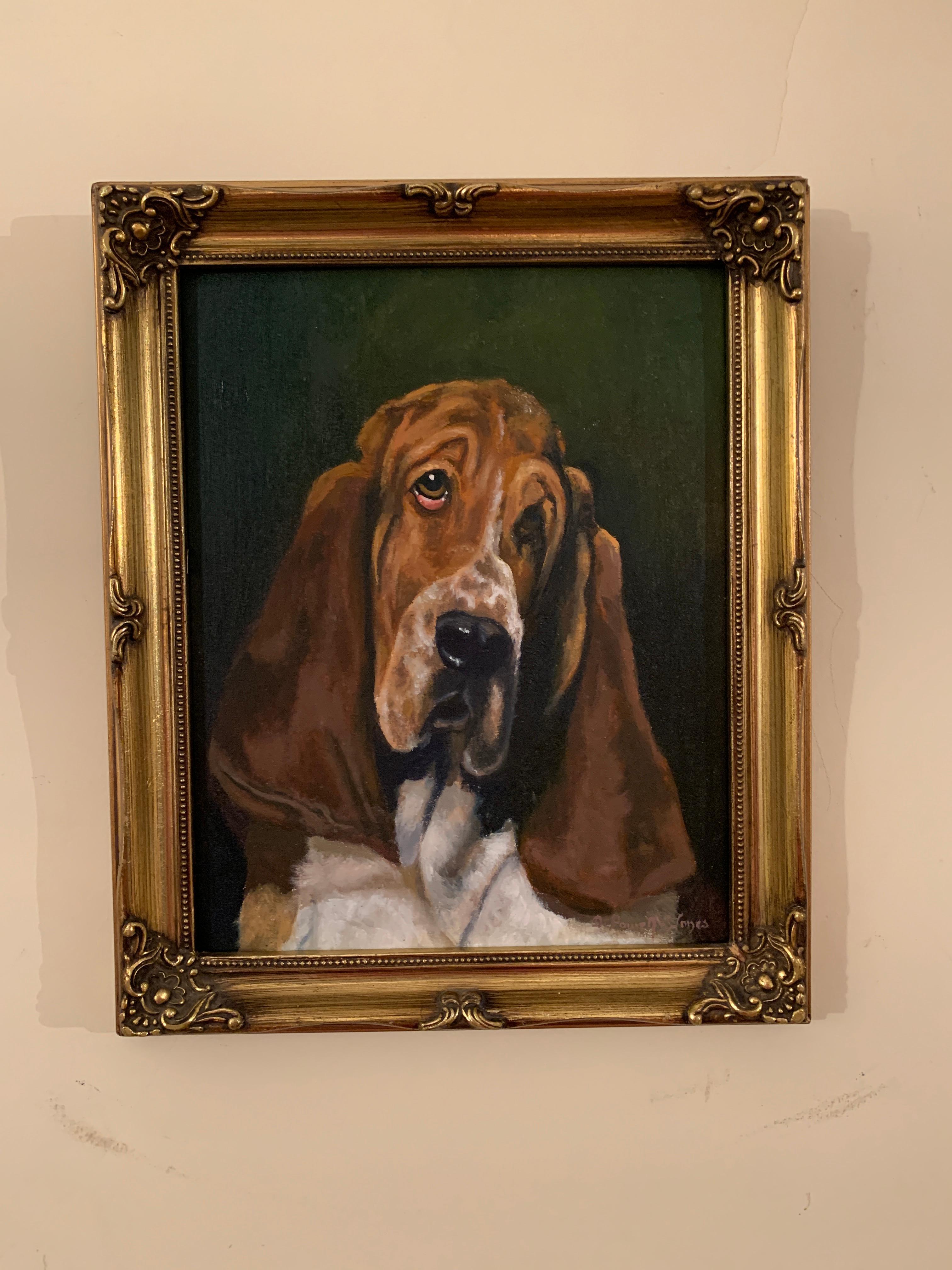 Derek Powell-Jones Animal Painting - Oil painting of an English Bassett Hound dog portrait in an interior