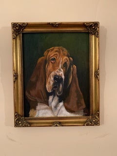 Oil painting of an English Bassett Hound dog portrait in an interior