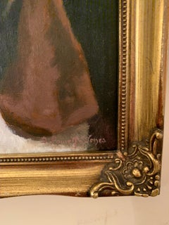 Oil painting of an English Bassett Hound dog portrait in an interior