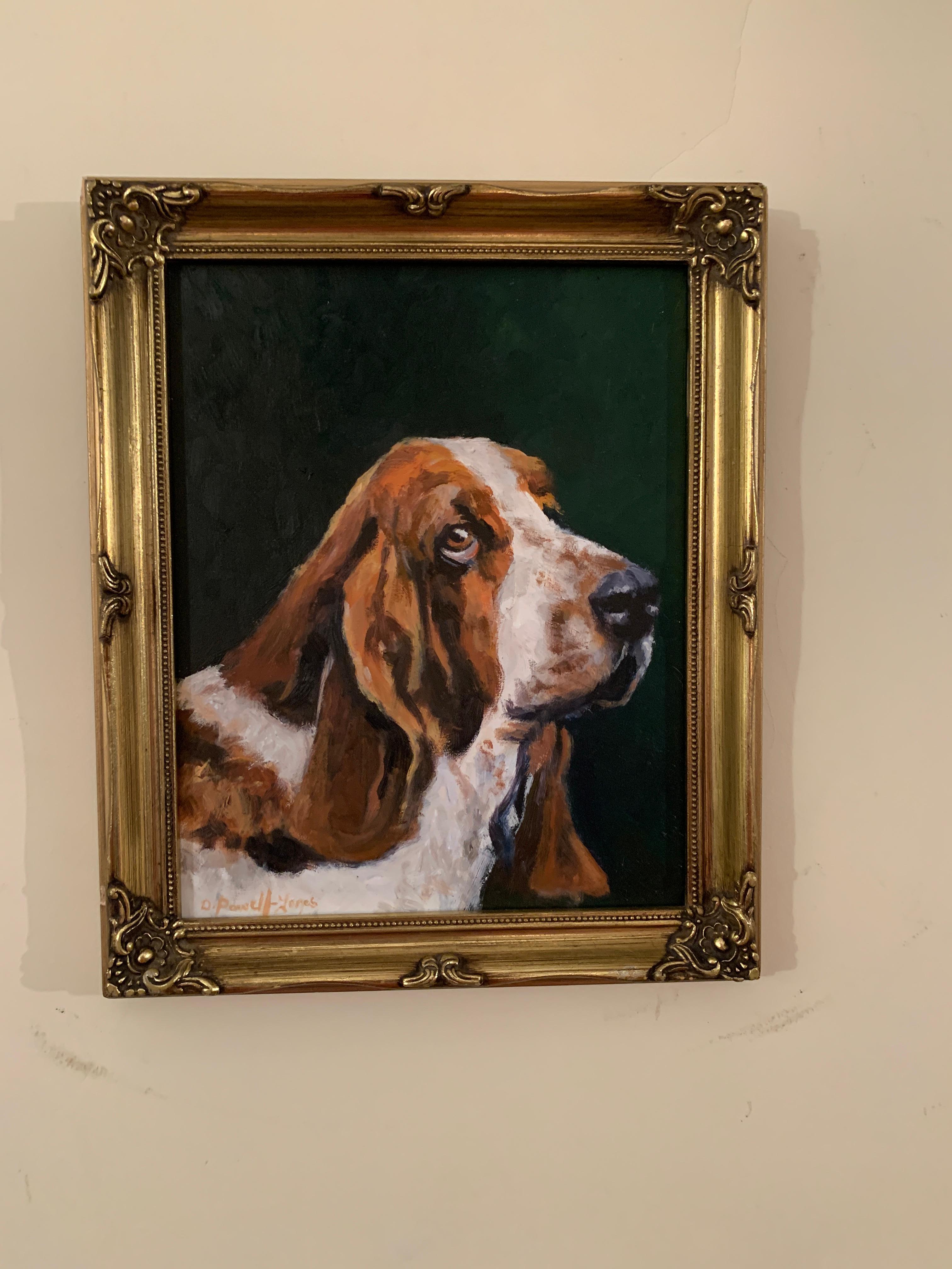 Derek Powell-Jones Figurative Painting - Oil painting of an English Bassett Hound dog portrait in an interior.