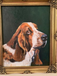 Oil painting of an English Bassett Hound dog portrait in an interior.
