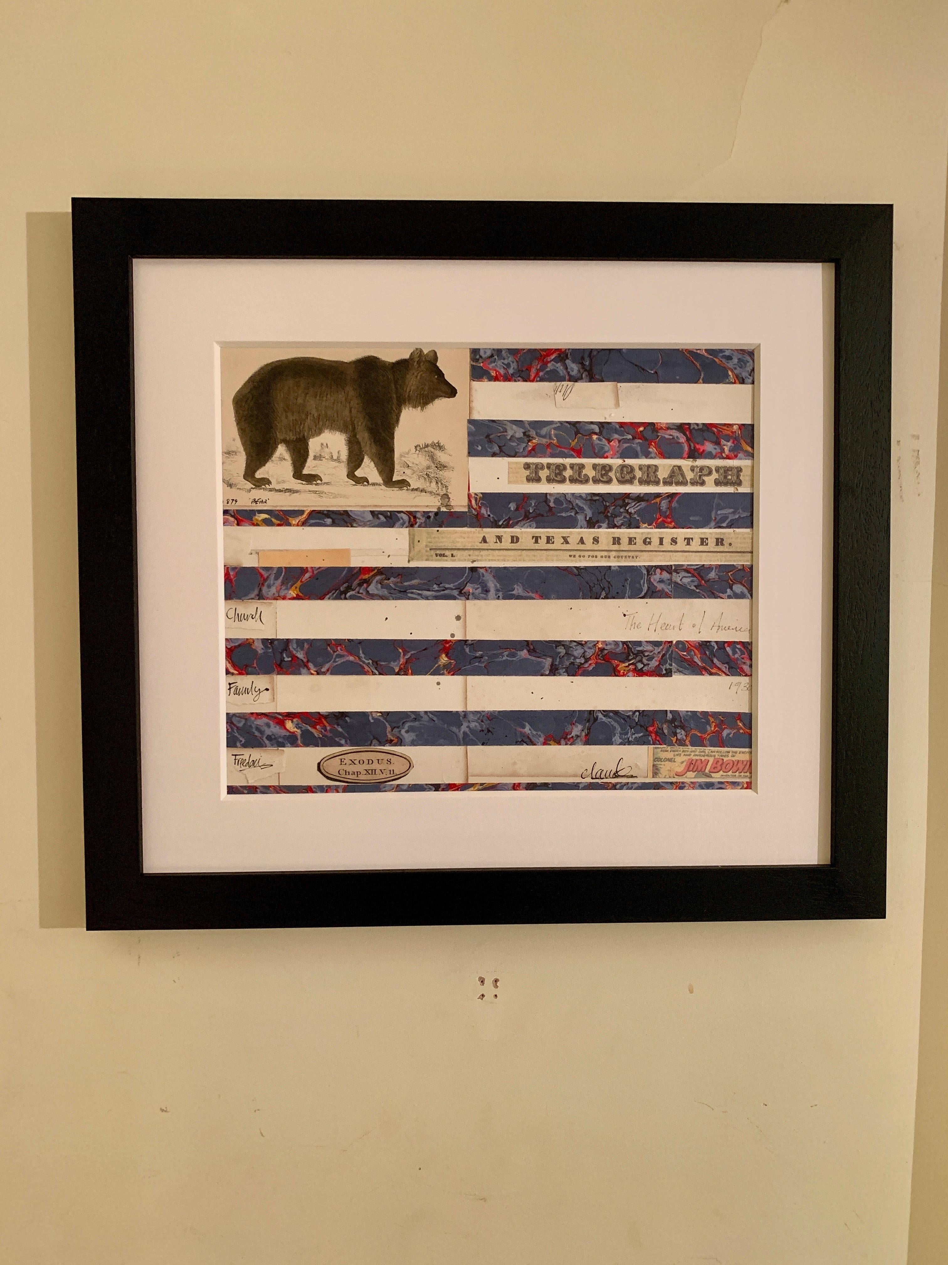 American flag collage with 19th century hand colored engraving with watercolor  – Mixed Media Art von Claude Howard Stuart