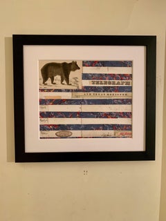 American flag collage with 19th century hand colored engraving with watercolor 