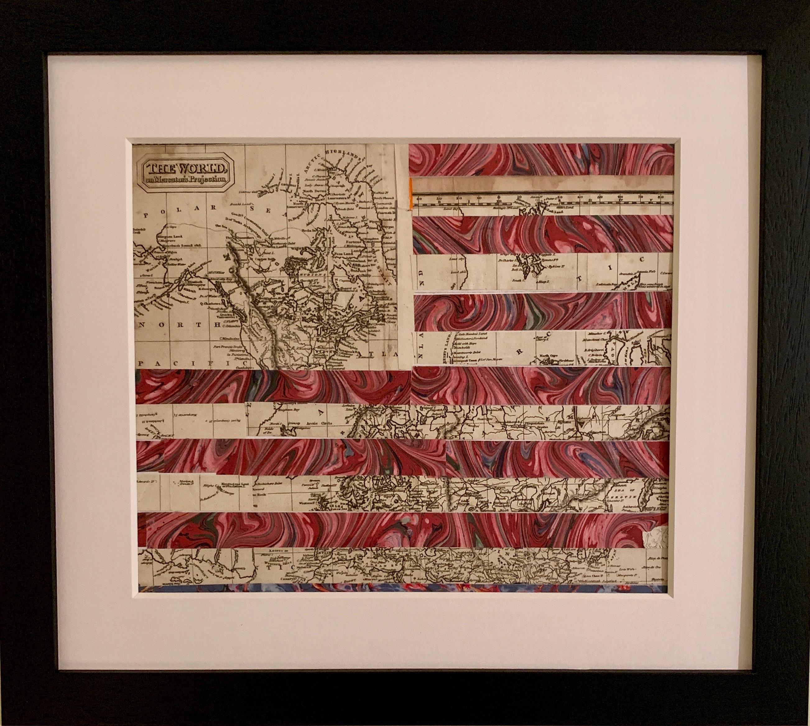 Collage de drapeaux américains avec gravure du XIXe siècle représentant la Californie en tant qu'île - Mixed Media Art de Claude Howard Stuart