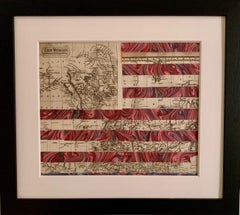 Used American flag collage with 19th century engraving of California as an Island