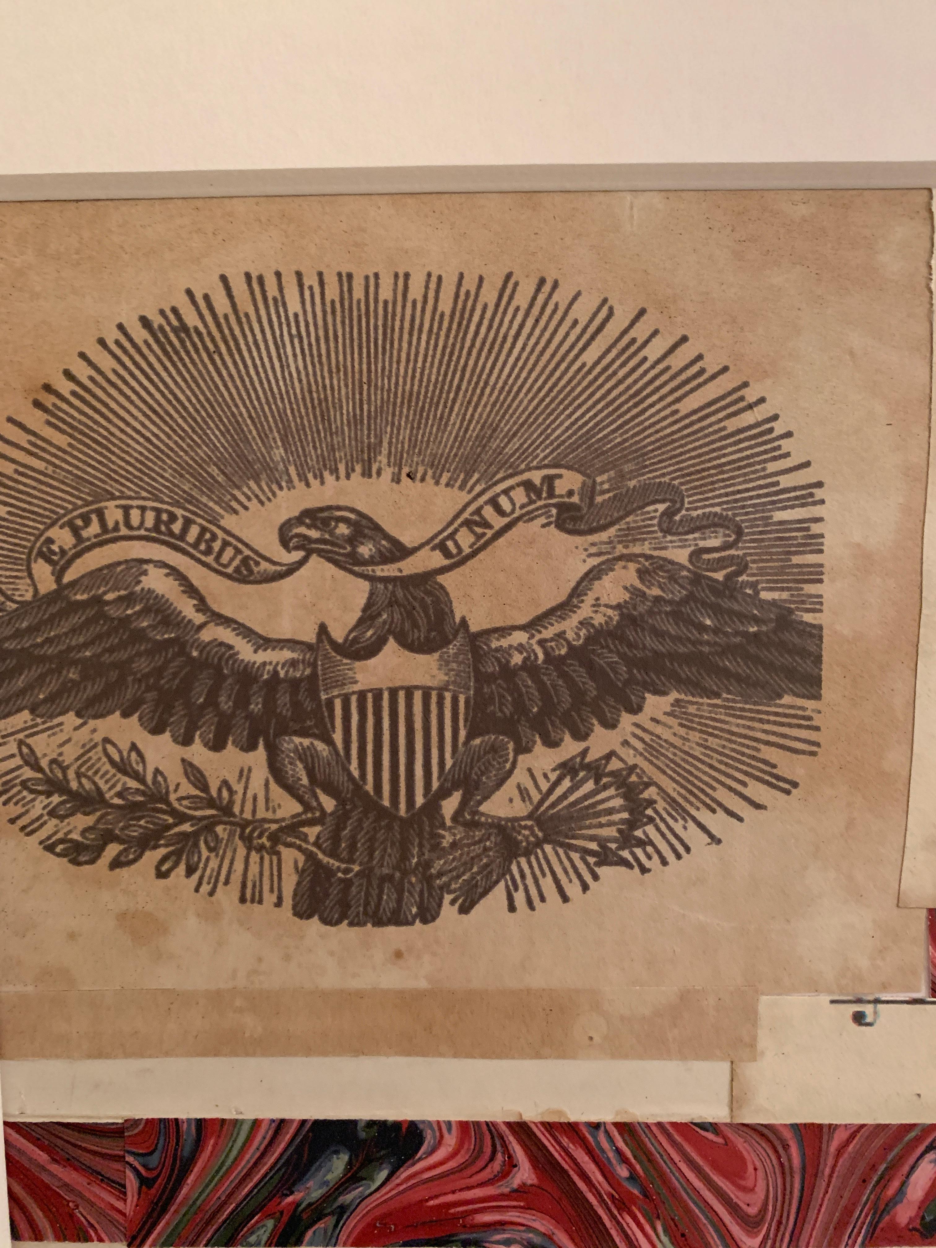 Collage de drapeaux américains avec une gravure d'aigle du 19e siècle  - Modernisme américain Mixed Media Art par Claude Howard Stuart