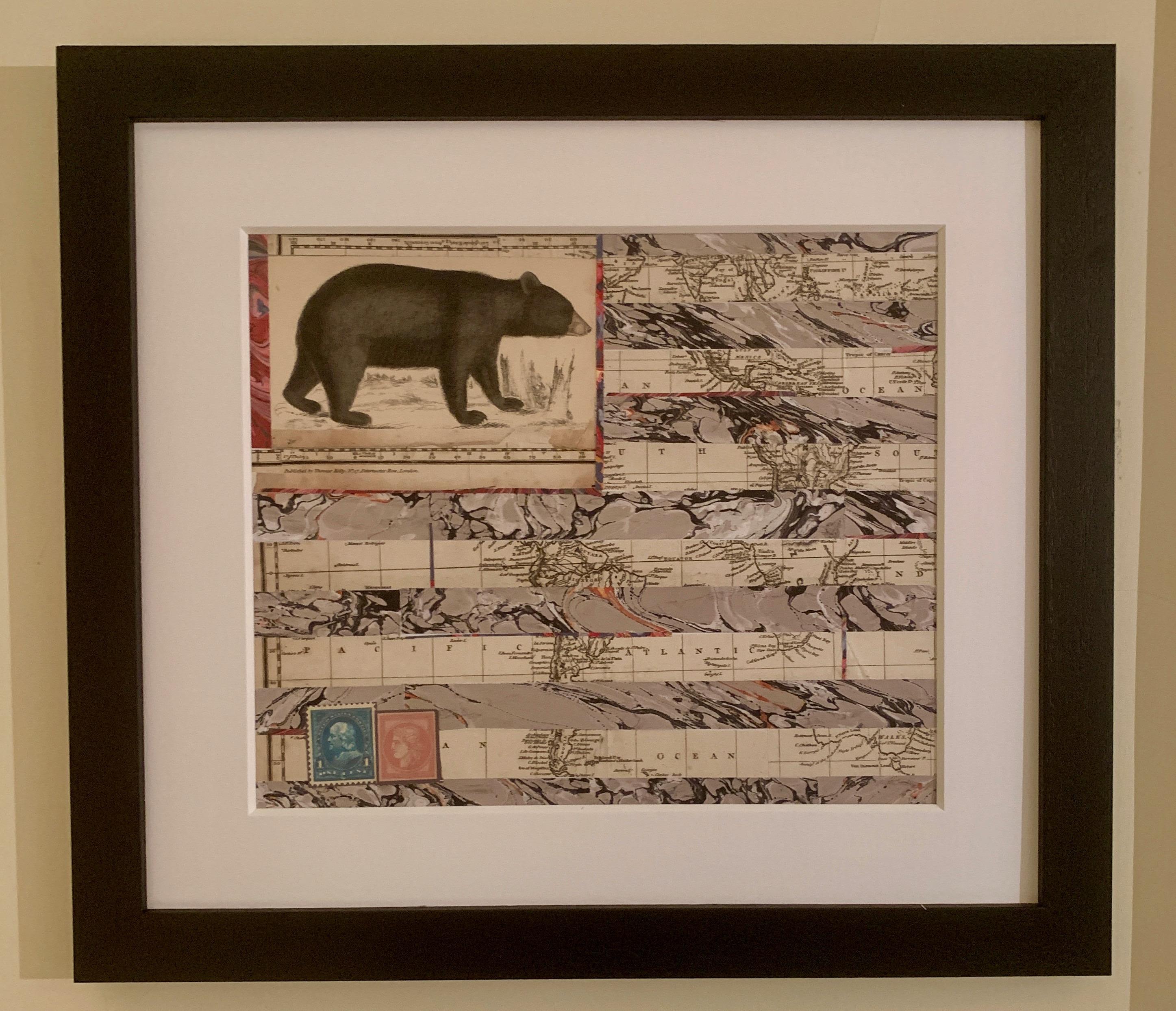 Claude Howard Stuart Figurative Art – American flag collage with a 19th C hand colored engraving of a bear