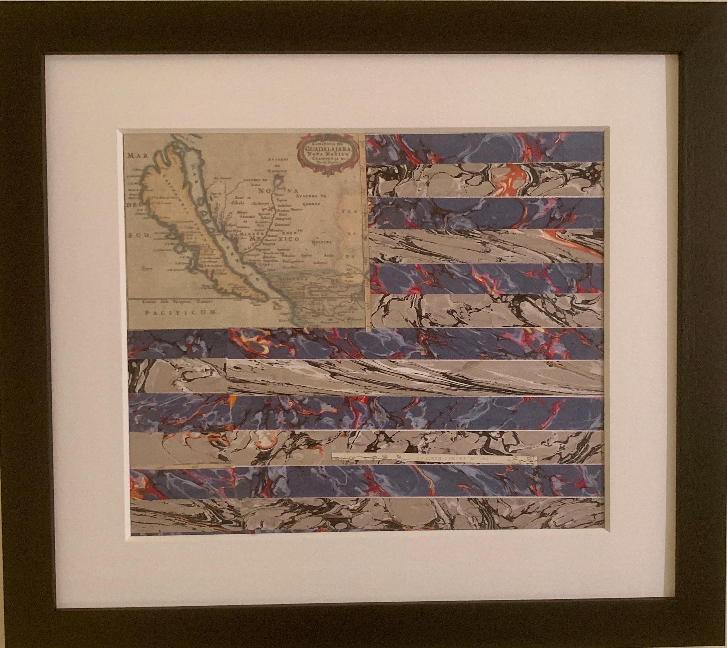 American flag collage with a colored print of California as an Island