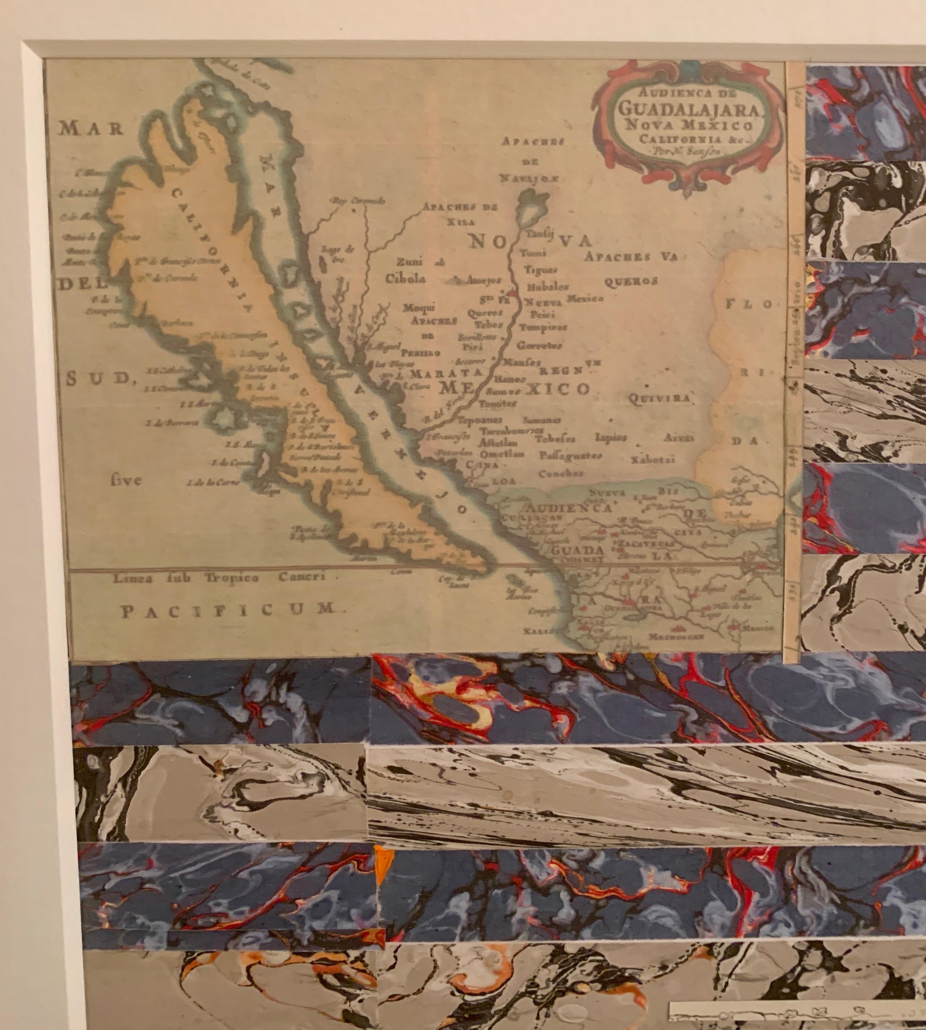 American flag collage with a colored print of California as an Island - Art by Claude Howard Stuart