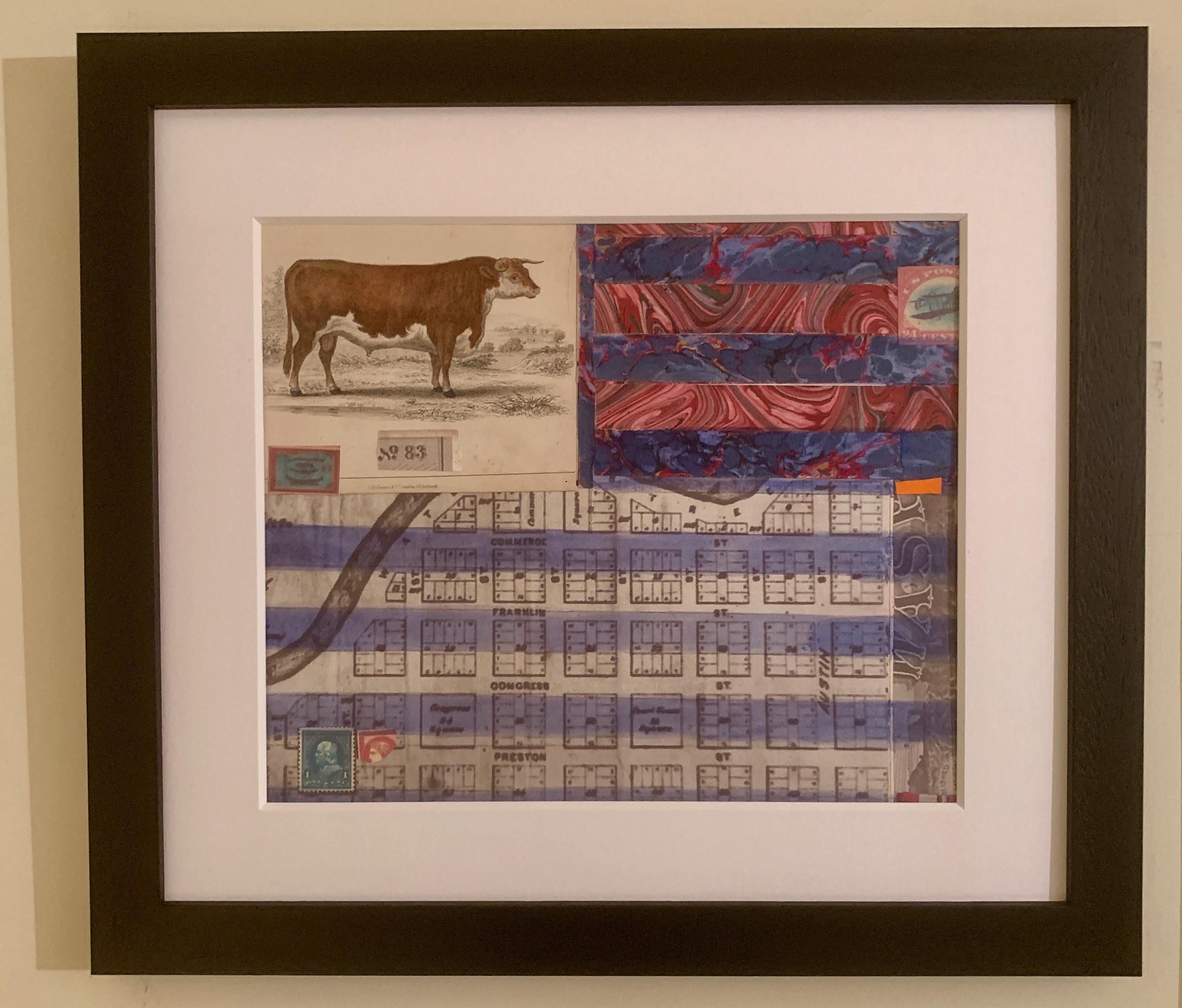 American flag collage with a 19th C hand colored engraving of a cow