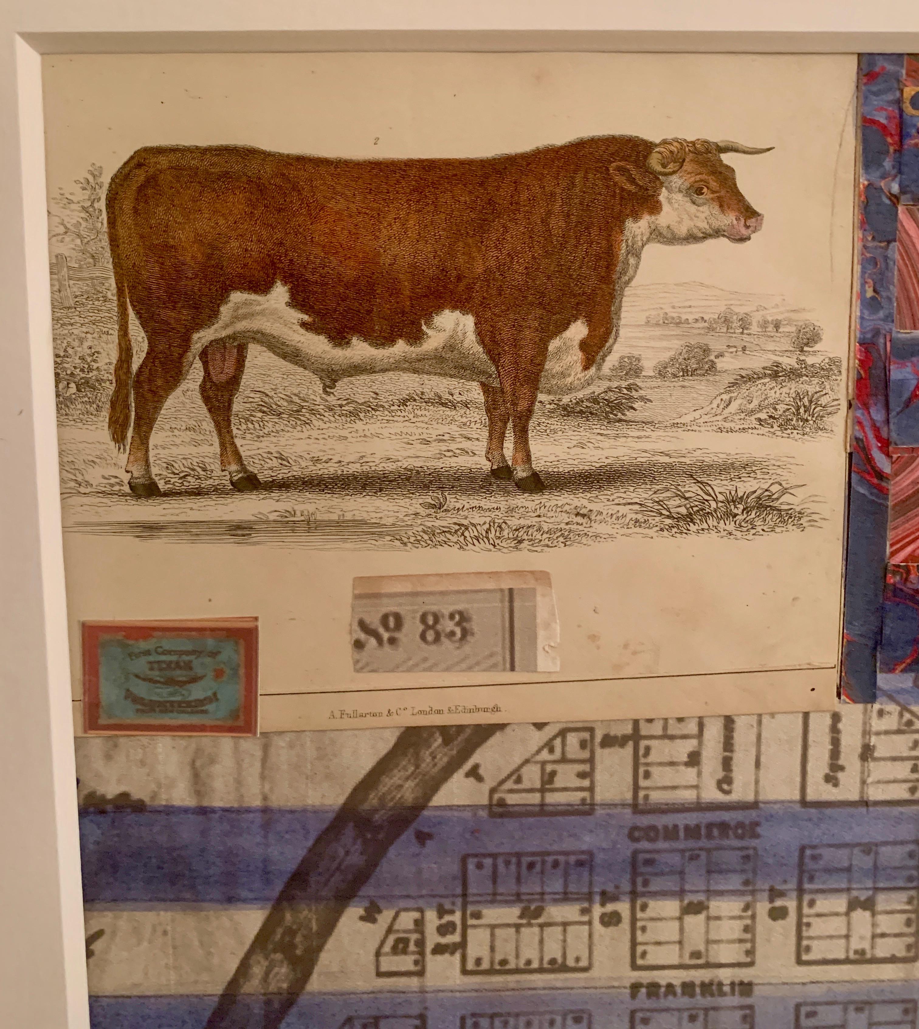 American flag collage with a 19th C hand colored engraving of a cow - Art by Claude Howard Stuart