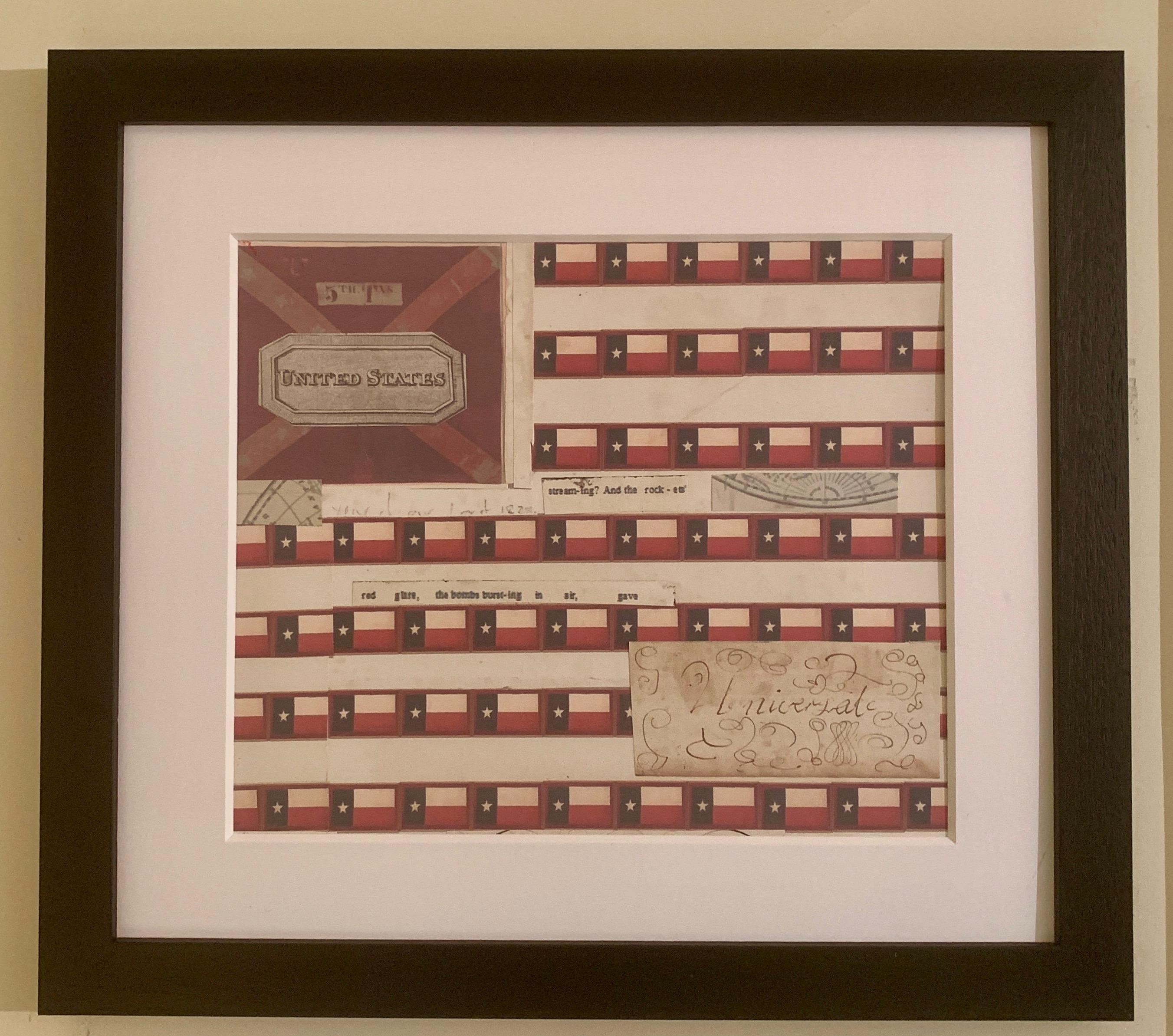 American flag collage with colored prints of the Texas flag and original ink