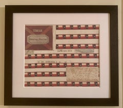 Used American flag collage with colored prints of the Texas flag and original ink