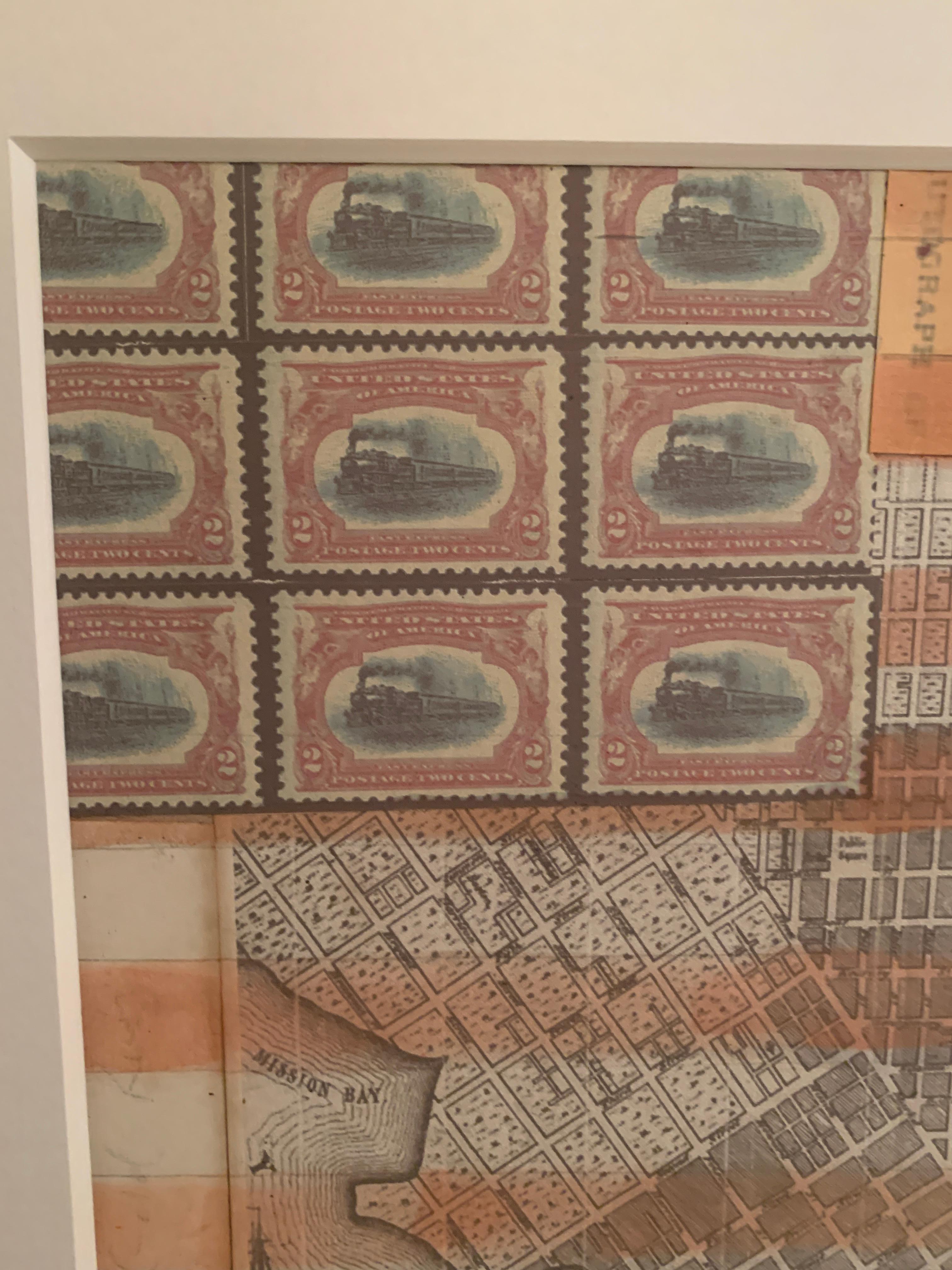 American flag collage with hand colored scene of 19th c San Francisco California - Art by Claude Howard Stuart