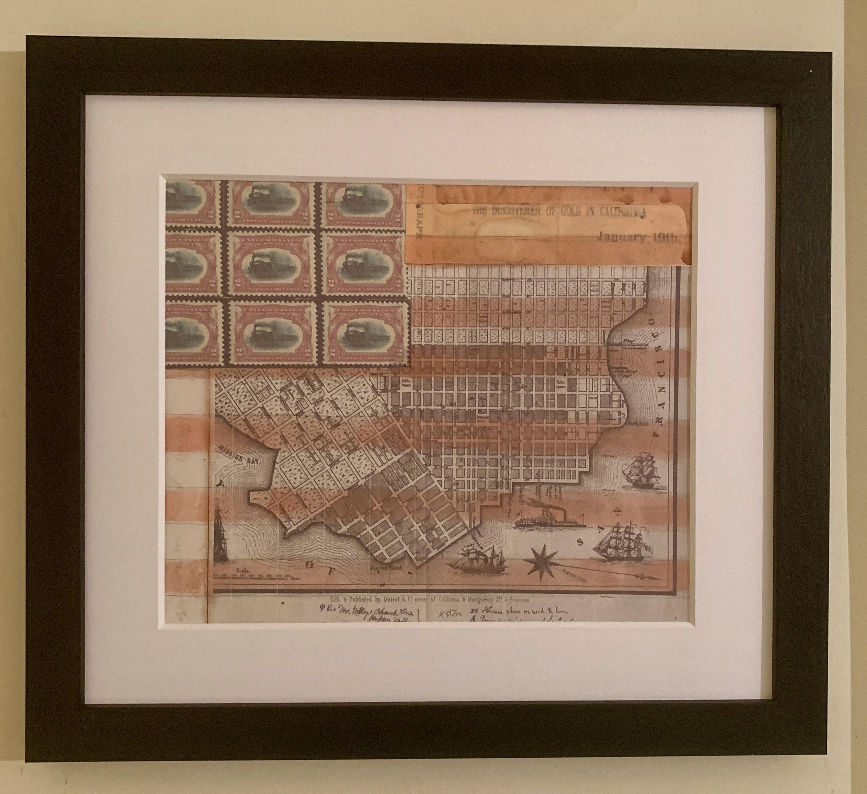 American flag collage with hand colored scene of 19th c San Francisco California