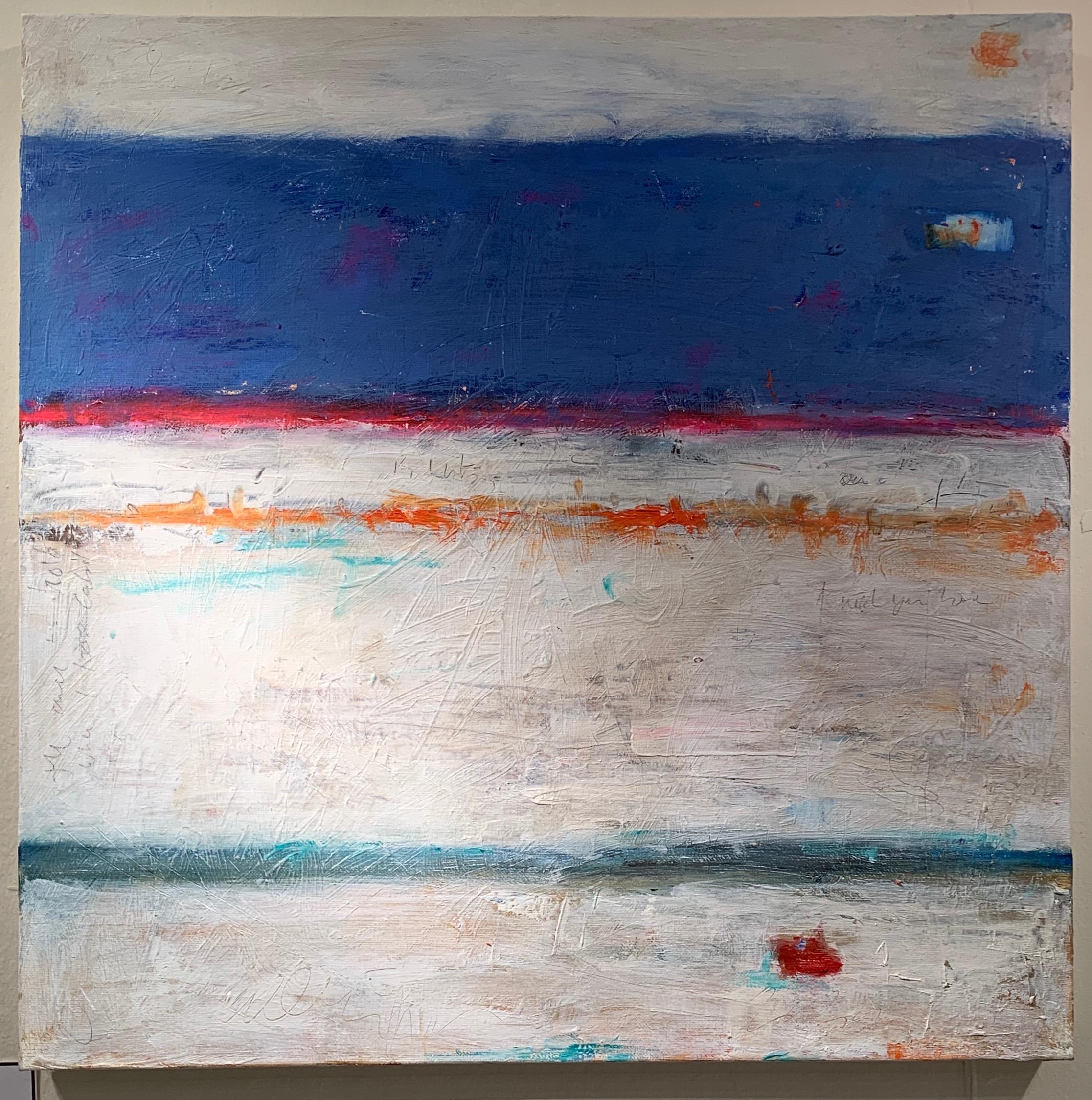 Abstract expressionist sea, shore, landscape scene with white, blue and orange