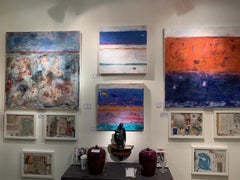 Abstrakte expressionistische Meer, Küste, Landschaftsszene mit weißem, blauem und orangefarbenem Muster