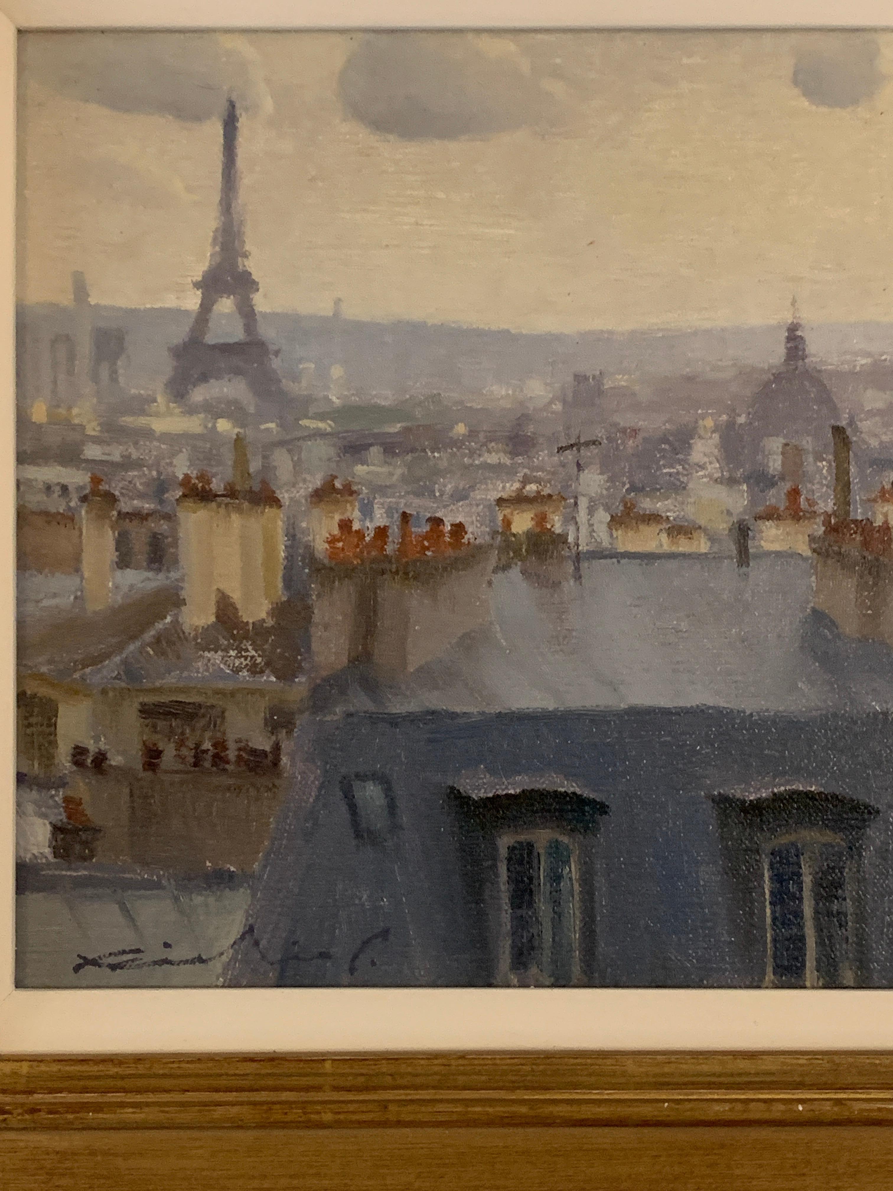 Französische Dachdeckenszene, mit dem Eiffelturm, Paris, Frankreich, Impressionismus – Painting von Richie Carter