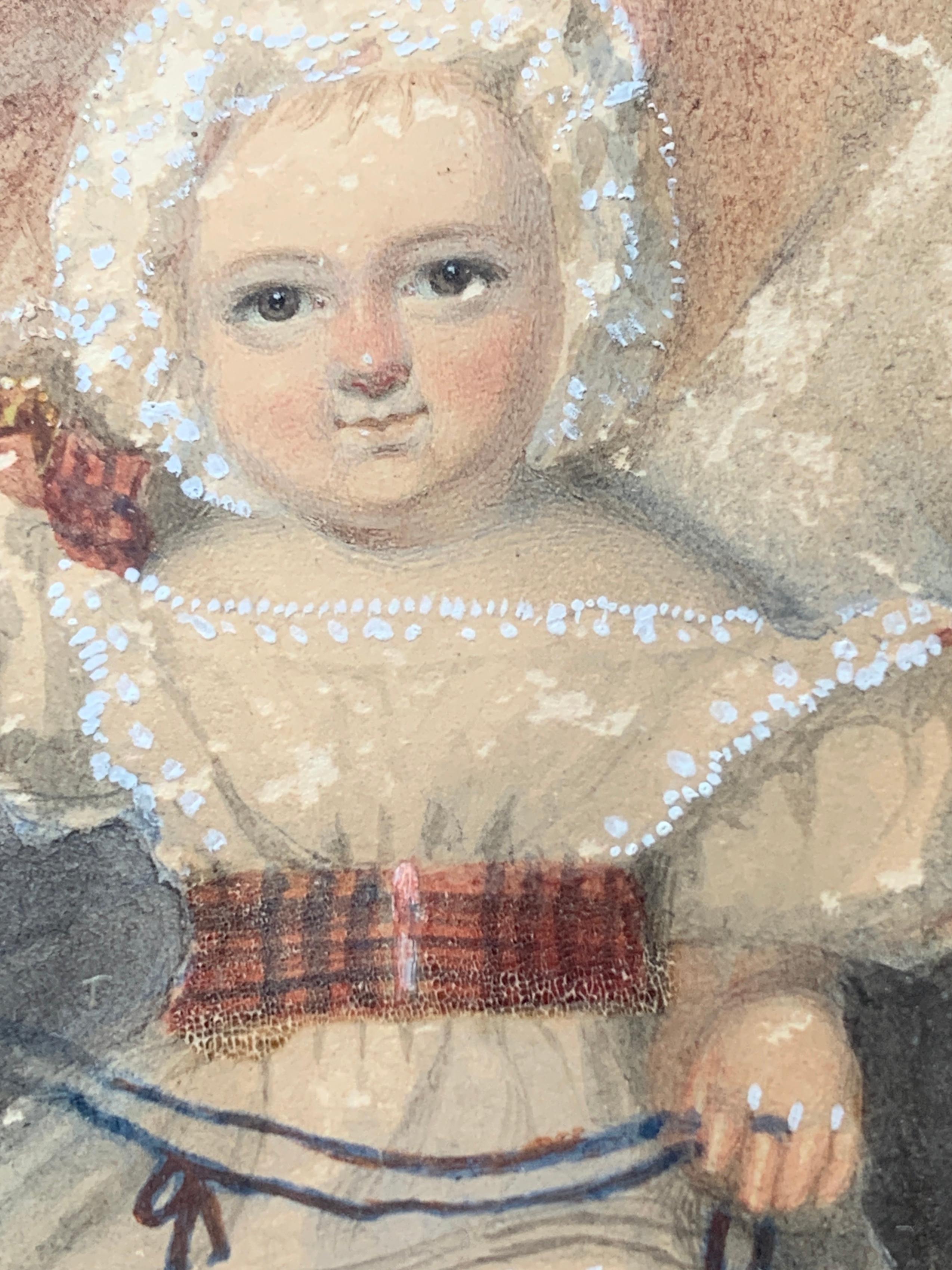 Viktorianisches viktorianisches Porträt eines kleinen Babymädchens oder eines Kindes, das mit ihren Spielzeugen spielt (Grau), Figurative Art, von Unknown