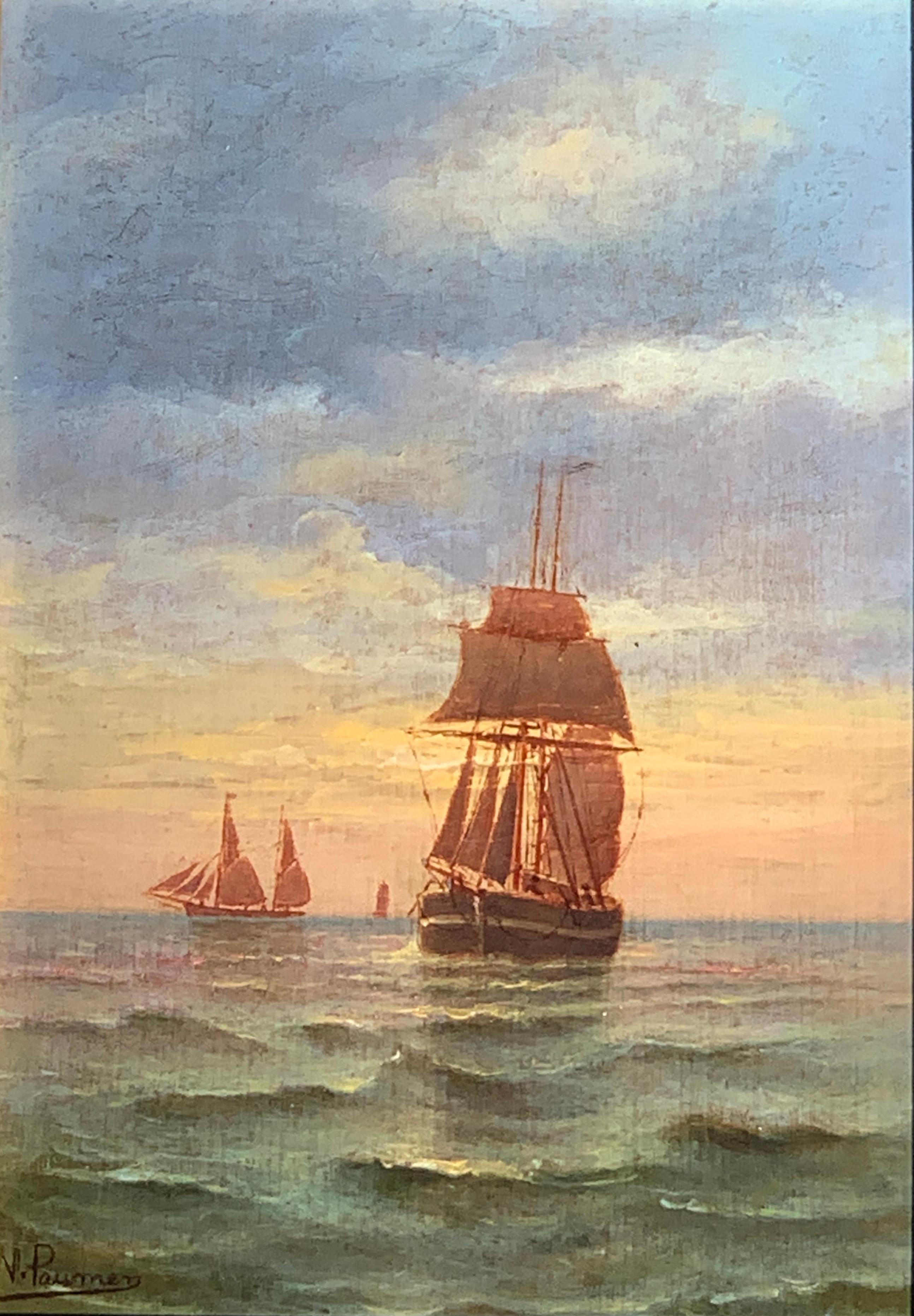 French 19th century Victorian Shipping scene at Sunset - Painting by N. Pauman
